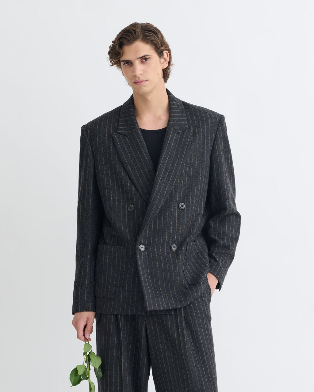 Veste de blazer oversize en laine à rayures craie, croisée, noir et gris