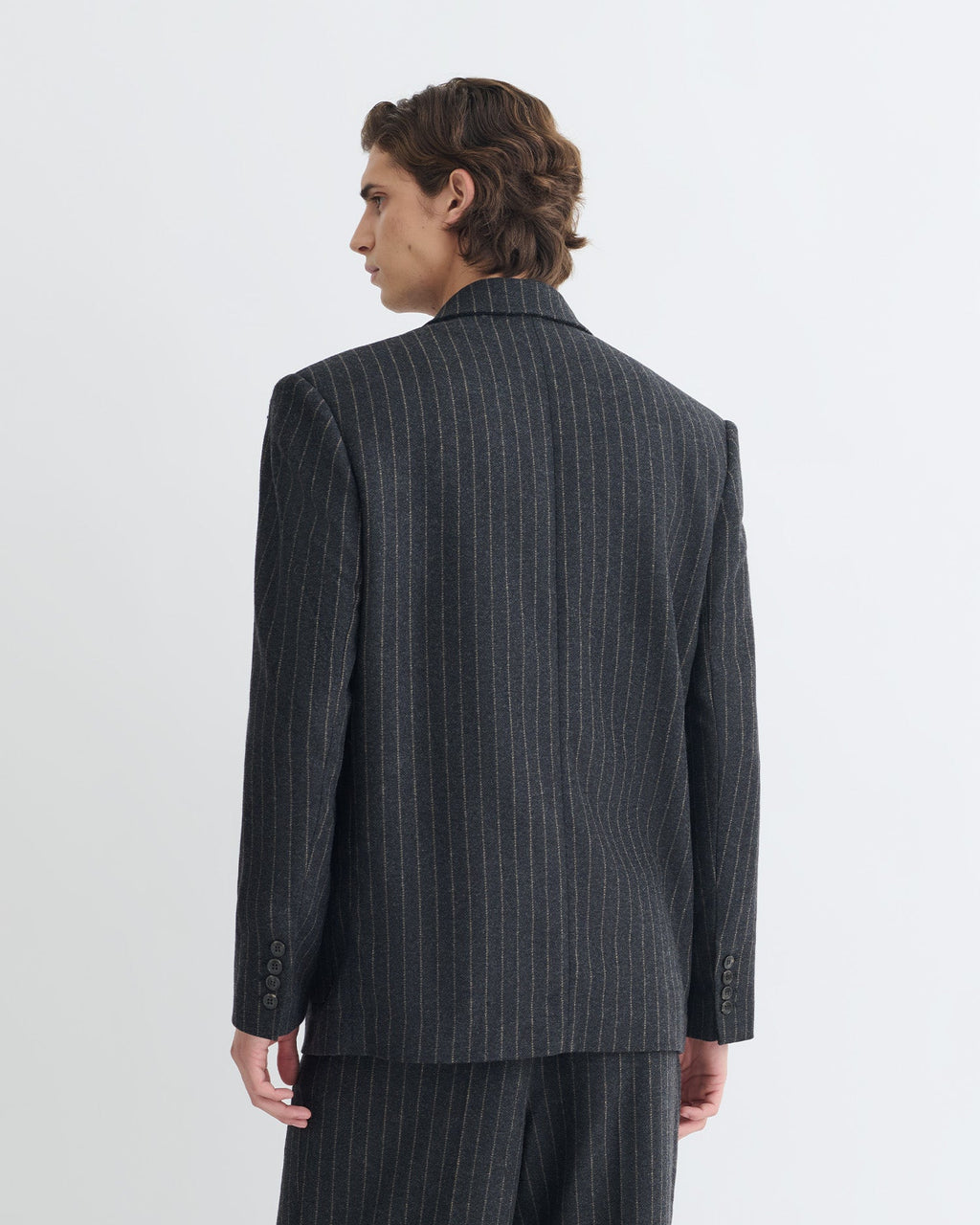 Veste de blazer oversize en laine à rayures craie, croisée, noir et gris