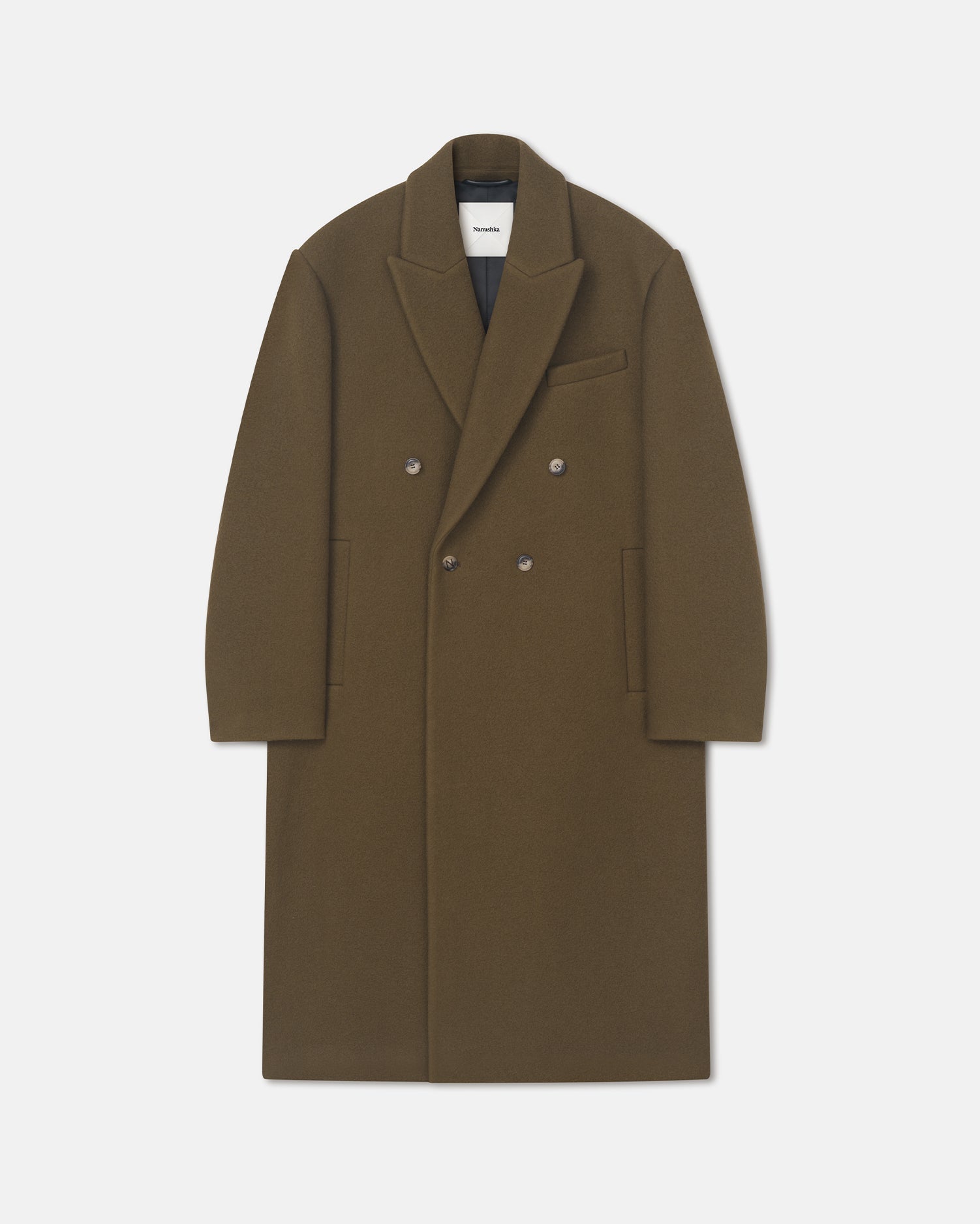 Manteau croisé en laine feutrée vert olive pour homme, épaules tombantes