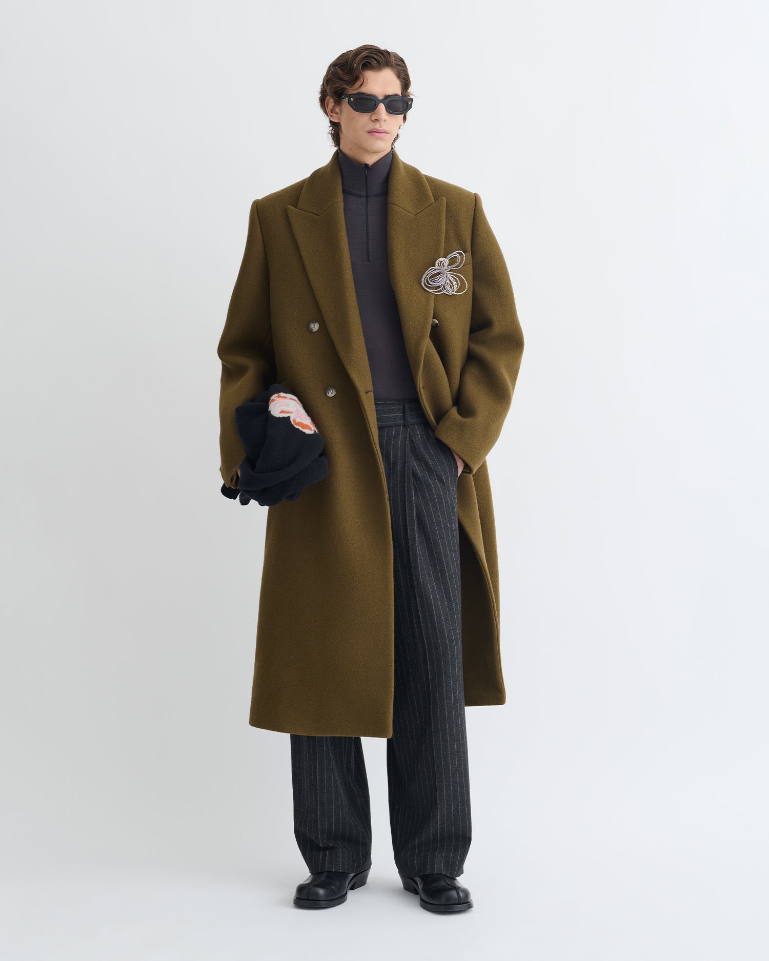 Manteau croisé en laine feutrée vert olive pour homme, épaules tombantes