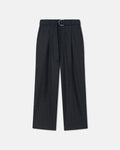 Pantalon de costume droit en laine à fines rayures noires et grises avec ceinture pour homme