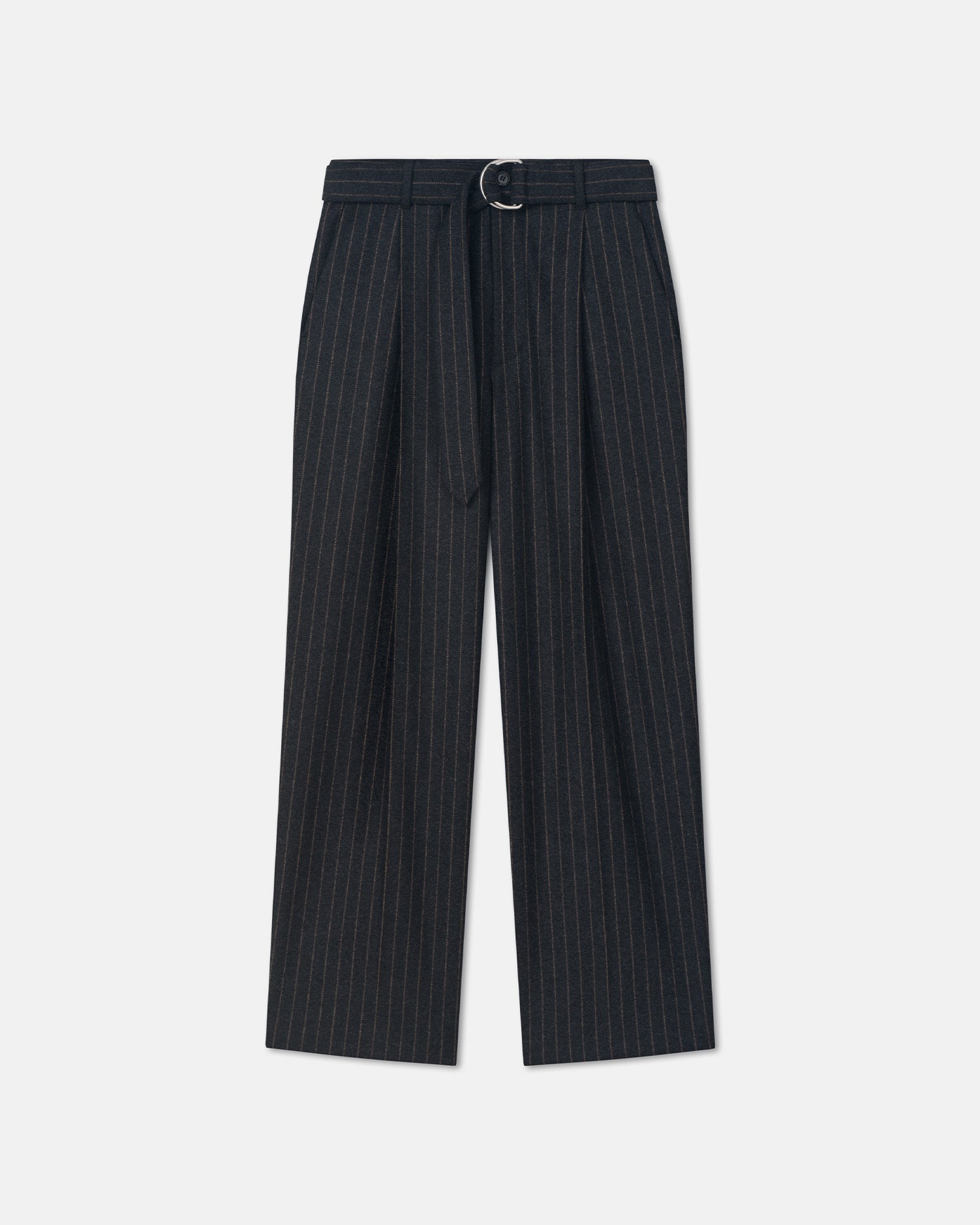 Pantalon de costume droit en laine à fines rayures noires et grises avec ceinture pour homme