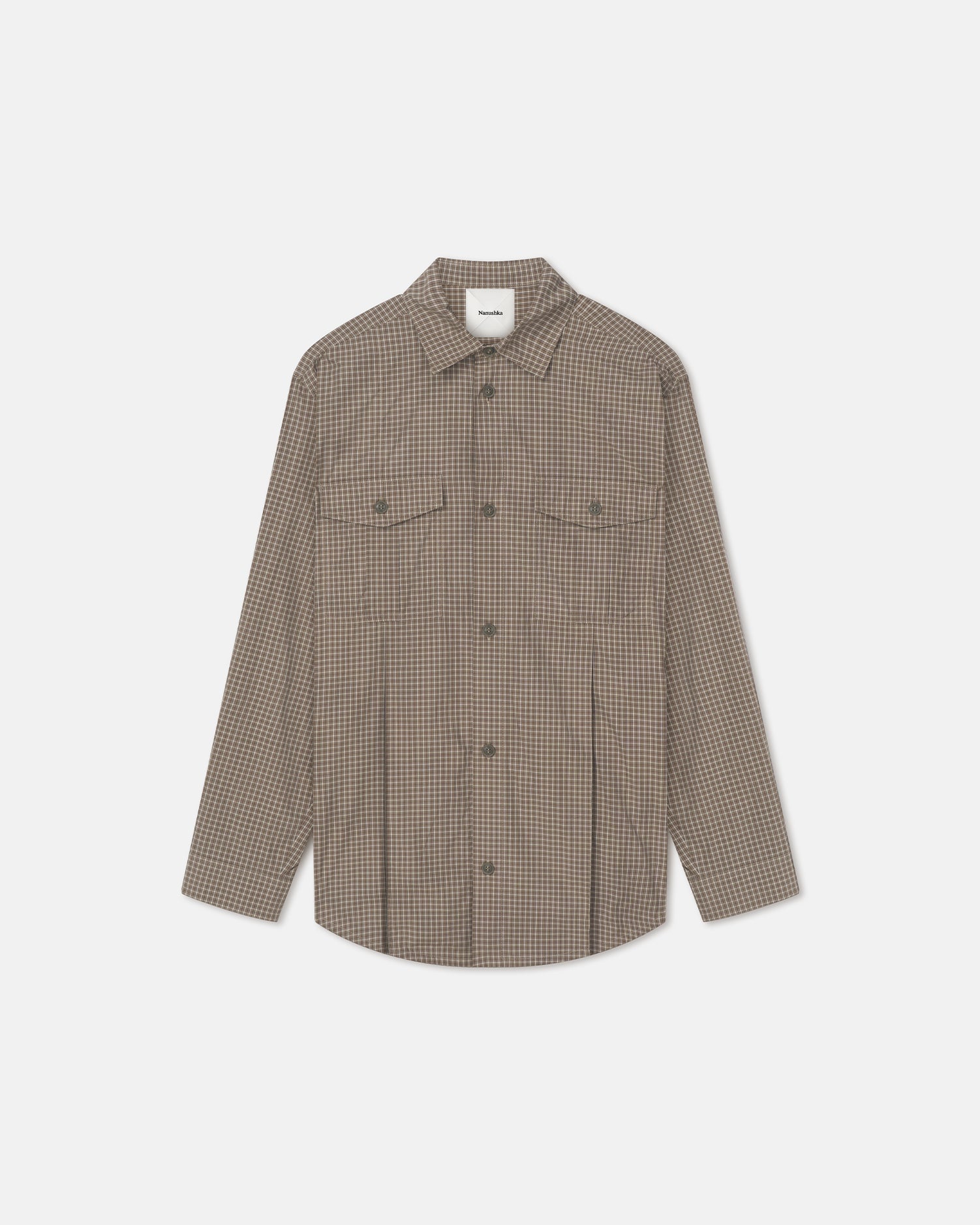 Chemise à manches longues à carreaux micro marron crème pour homme avec poches poitrine