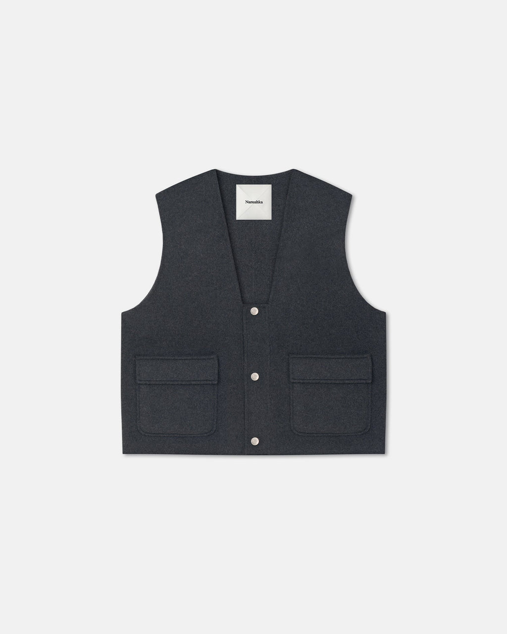 Gilet court en laine double gris chiné Col en V profond Poches utilitaires Coupe classique