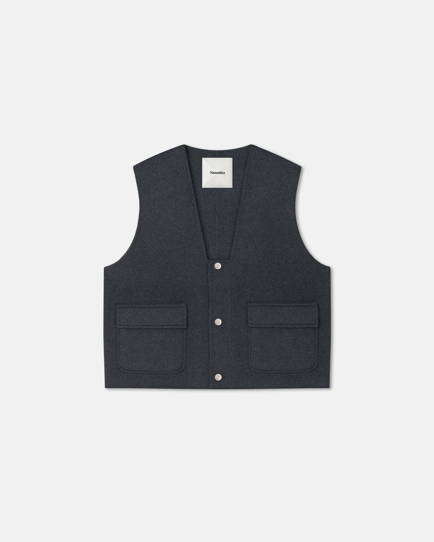 Gilet court en laine double gris chiné Col en V profond Poches utilitaires Coupe classique
