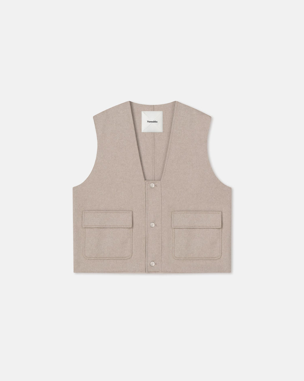 Gilet court double laine col V poches utilitaires couleur pierre