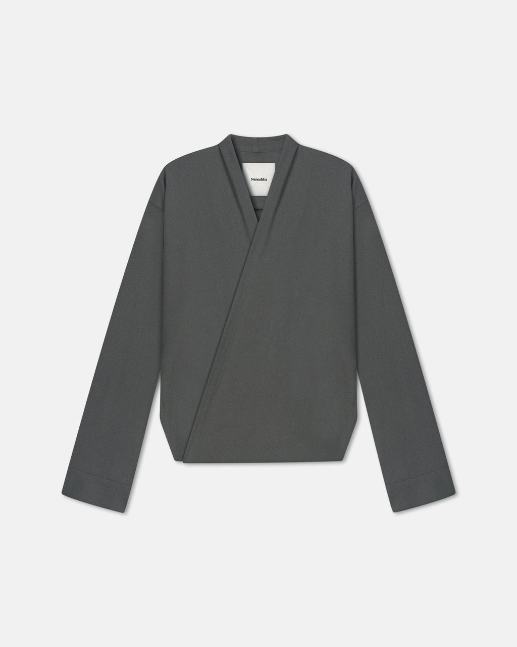 Chemisier portefeuille en soie grège gris foncé, coupe oversize, col en V, manches longues