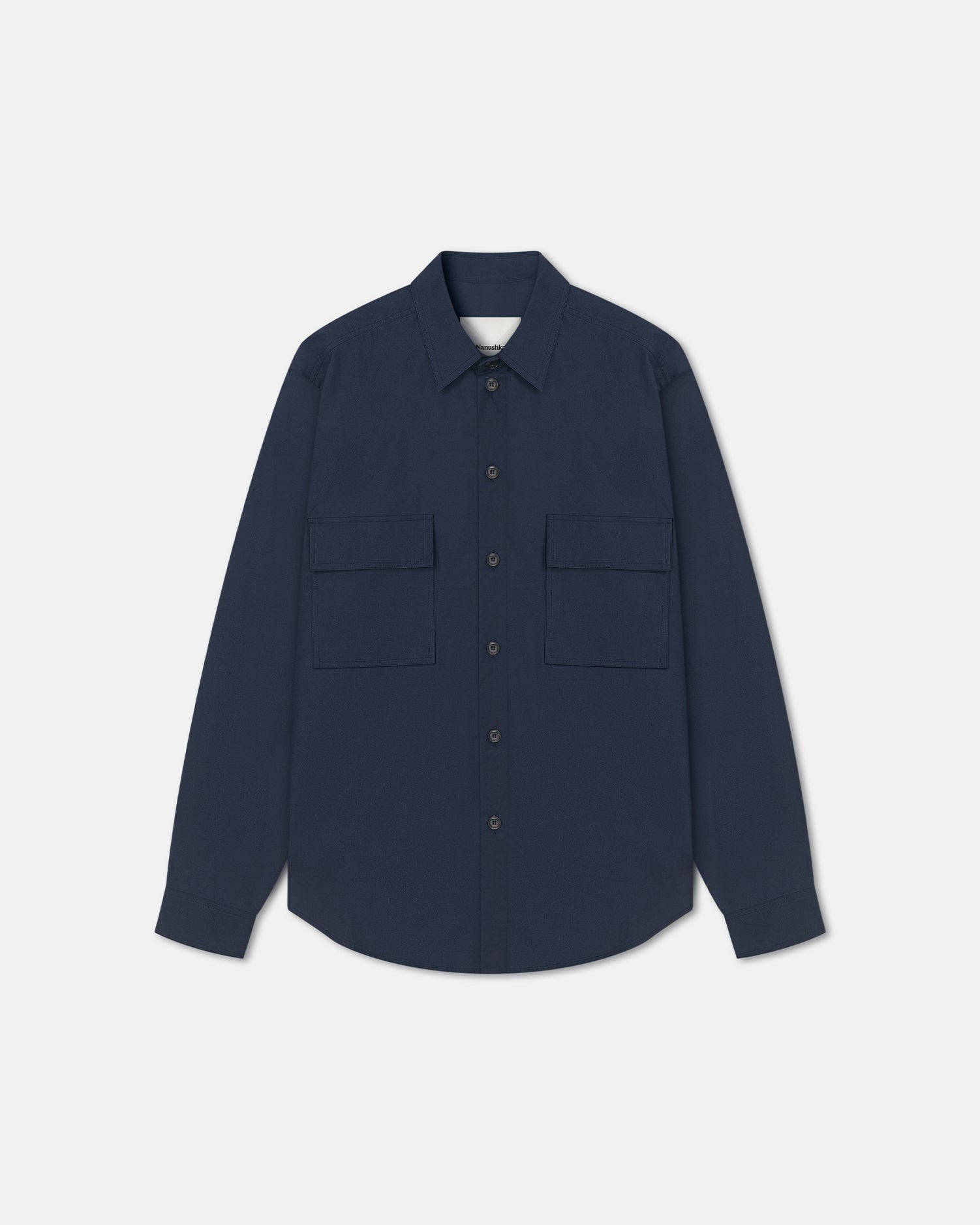 Chemise boutonnée à manches longues en popeline épaisse bleu marine à col classique