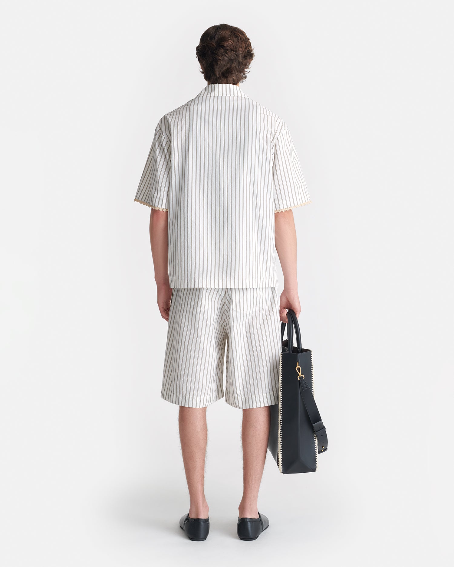 Chemise à manches courtes en crochet rayée crème coupe décontractée pour homme