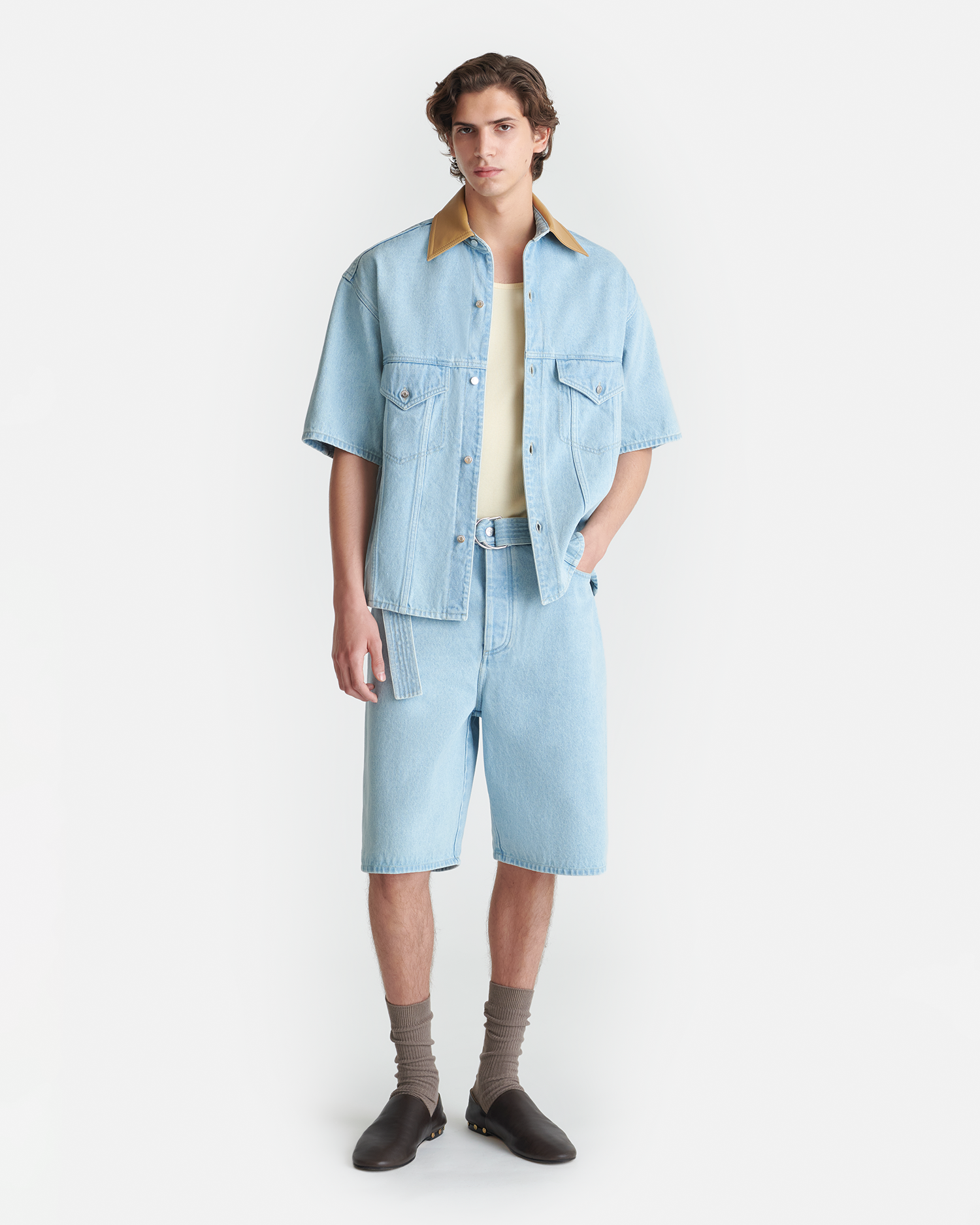 Chemise Jean Homme Manches Courtes Col Contrastant Bleu Clair Écologique