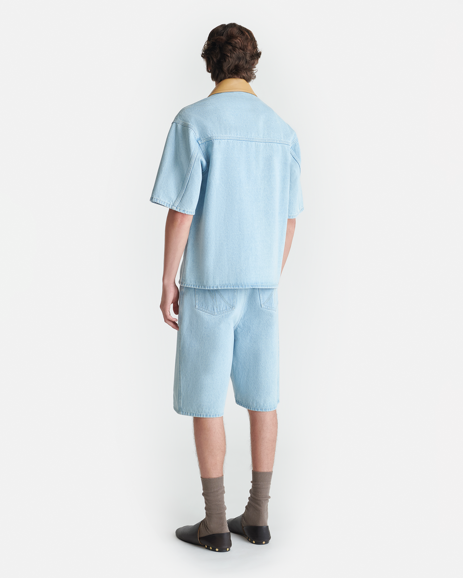 Chemise Jean Homme Manches Courtes Col Contrastant Bleu Clair Écologique
