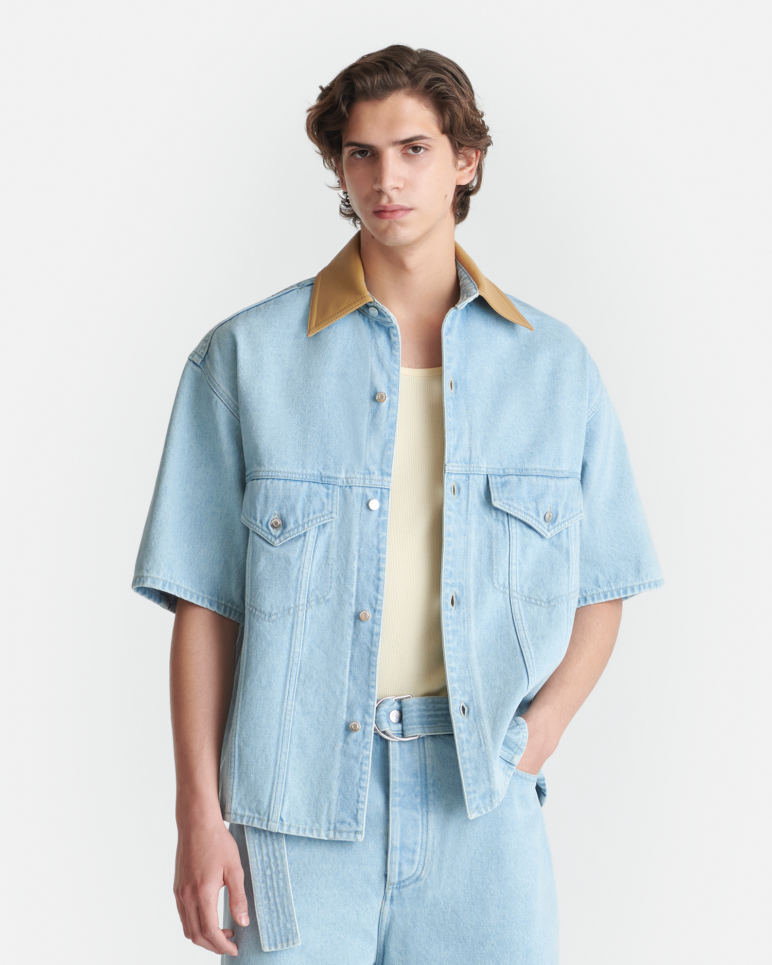 Chemise Jean Homme Manches Courtes Col Contrastant Bleu Clair Écologique