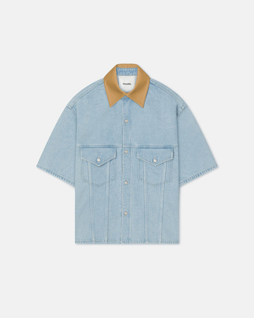 Chemise Jean Homme Manches Courtes Col Contrastant Bleu Clair Écologique