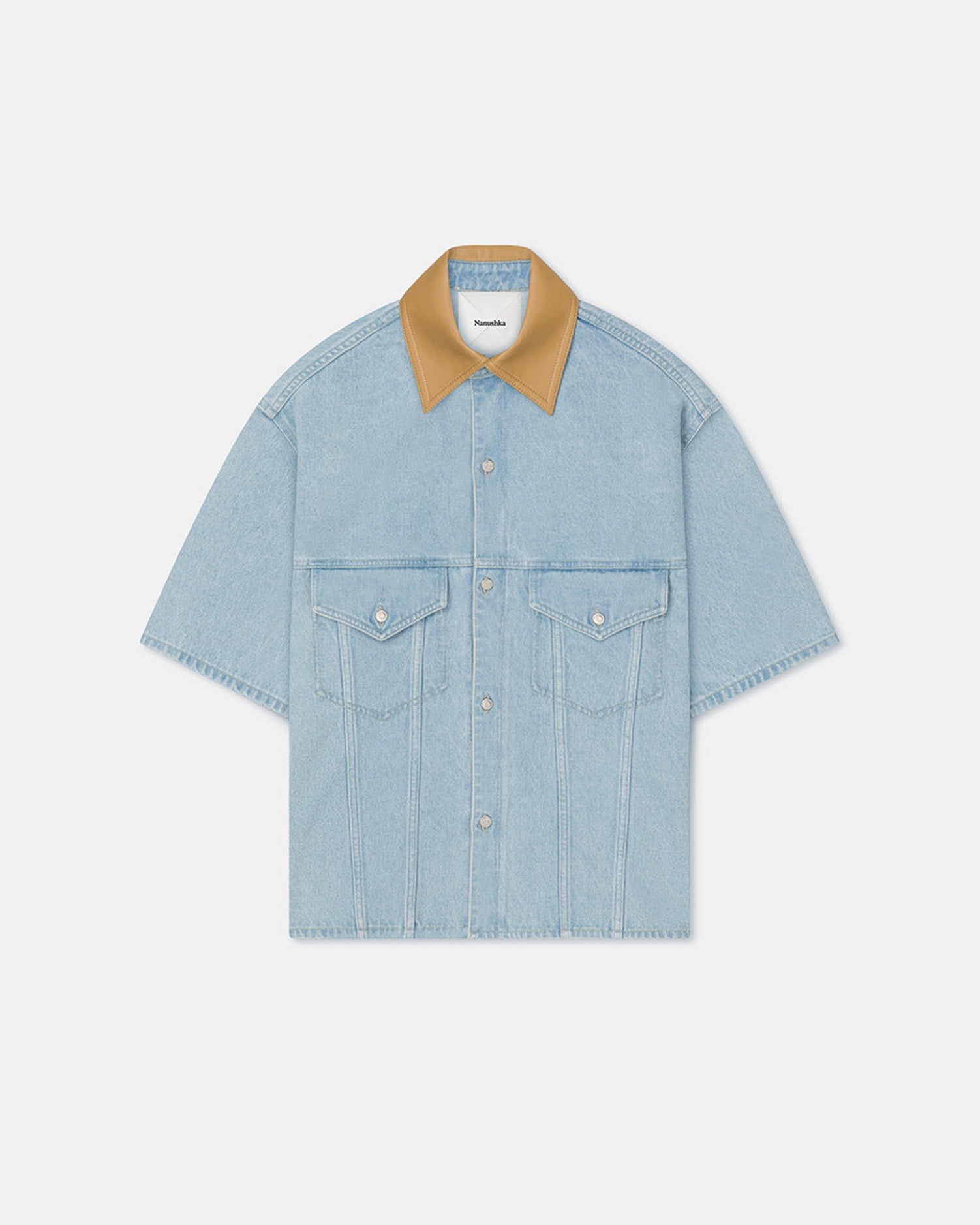 Chemise Jean Homme Manches Courtes Col Contrastant Bleu Clair Écologique