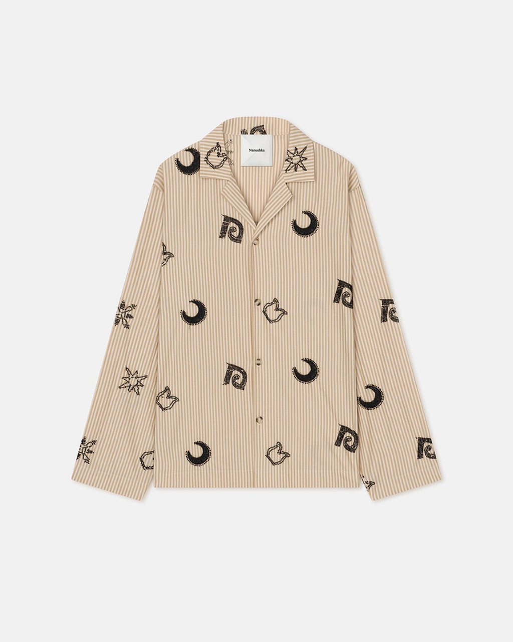 Chemise Homme Coupe Décontractée Manches Longues à Rayures Noires et Perles Symboles Beige