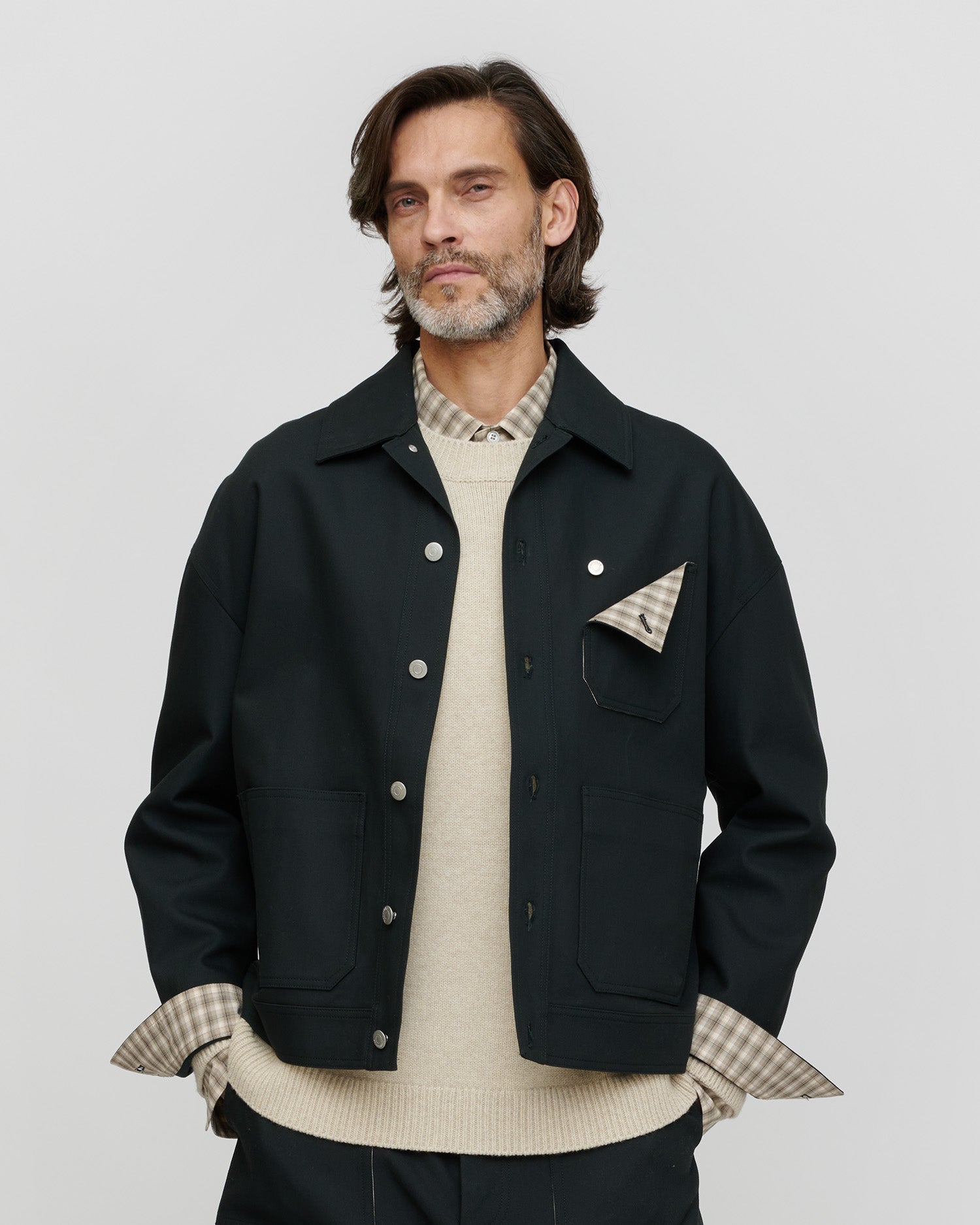 Veste homme structurée oversize en sergé avec boutons-pression anthracite foncé