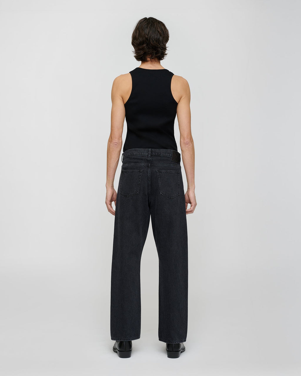 Jean en denim noir délavé pour homme, coupe droite, cinq poches, coupe classique