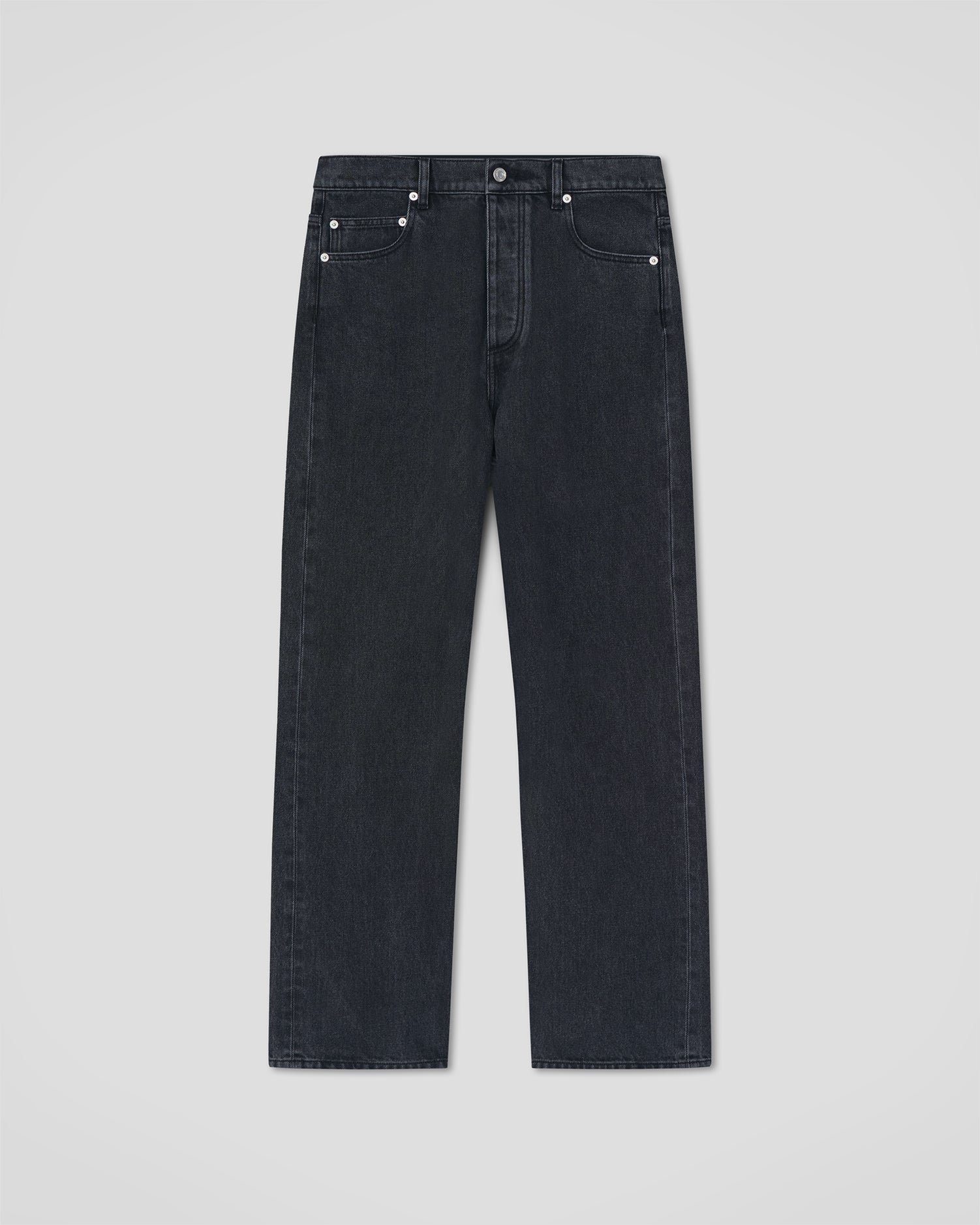 Jean en denim noir délavé pour homme, coupe droite, cinq poches, coupe classique