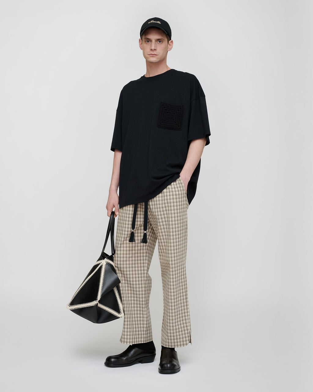 Pantalon ample à cordon de serrage en tissu chemise à carreaux avec pompons gris crème à jambe large