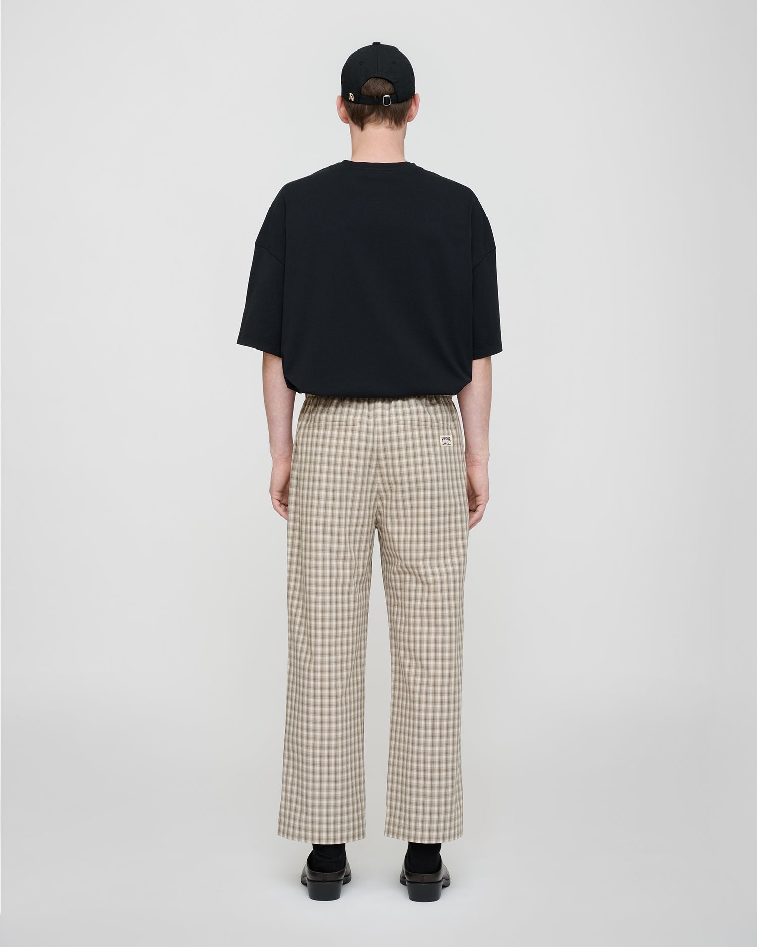 Pantalon ample à cordon de serrage en tissu chemise à carreaux avec pompons gris crème à jambe large