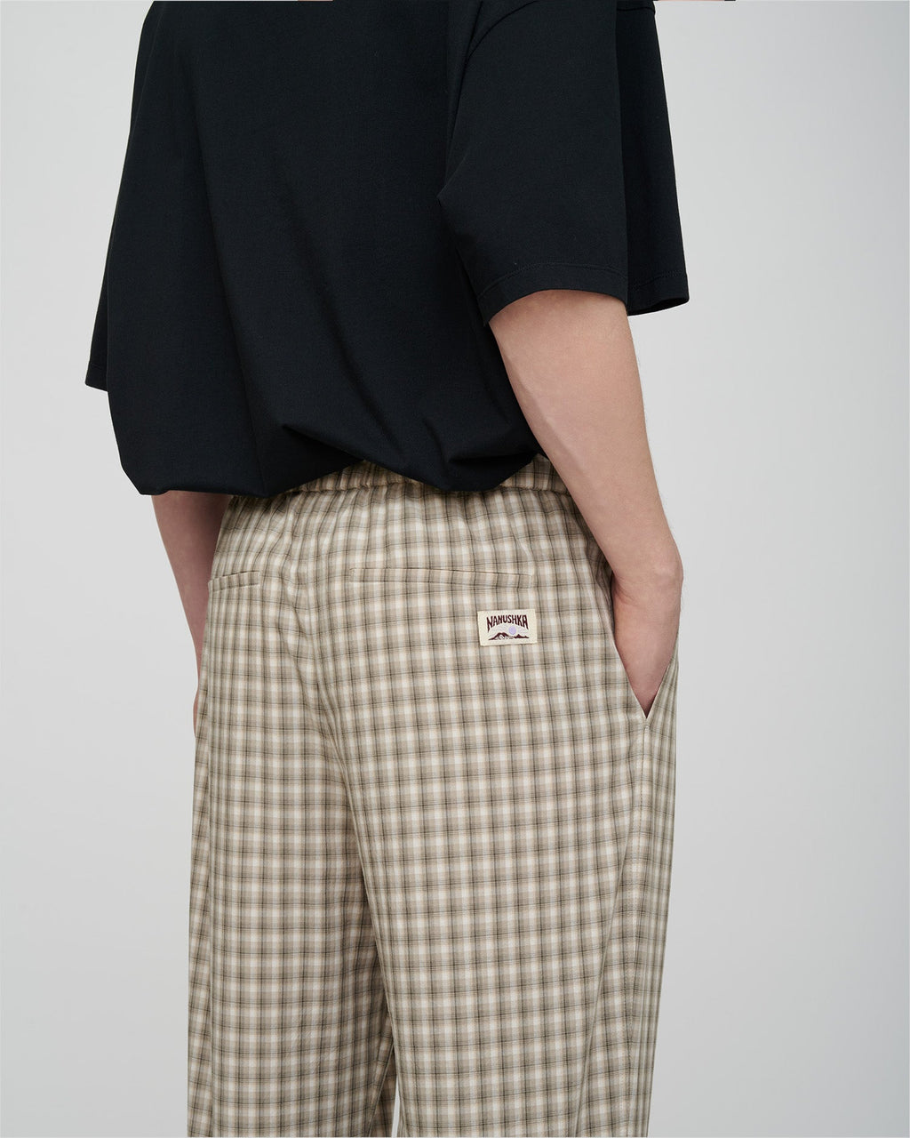 Pantalon ample à cordon de serrage en tissu chemise à carreaux avec pompons gris crème à jambe large