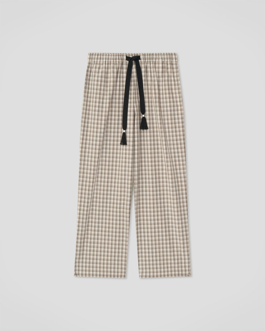 Pantalon ample à cordon de serrage en tissu chemise à carreaux avec pompons gris crème à jambe large