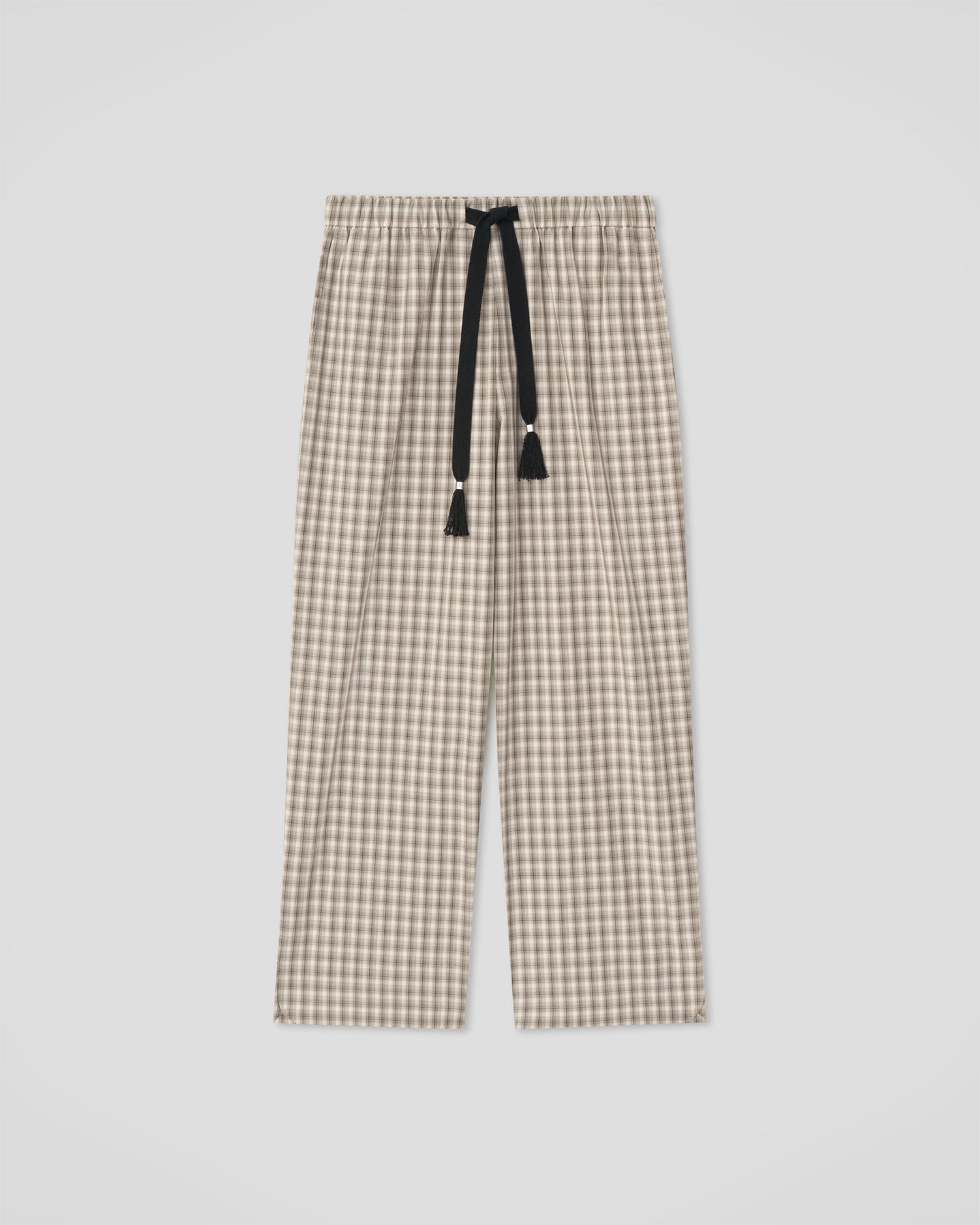 Pantalon ample à cordon de serrage en tissu chemise à carreaux avec pompons gris crème à jambe large