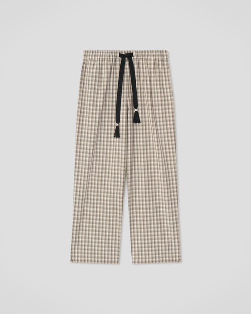 Pantalon ample à cordon de serrage en tissu chemise à carreaux avec pompons gris crème à jambe large