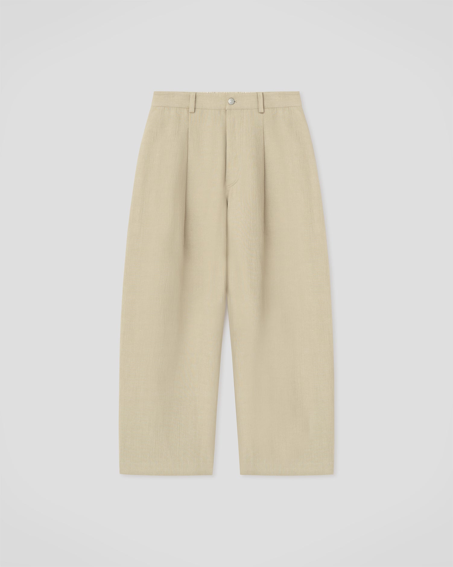 Pantalon plissé coupe droite en lin contrecollé couleur sable à jambes tonneau