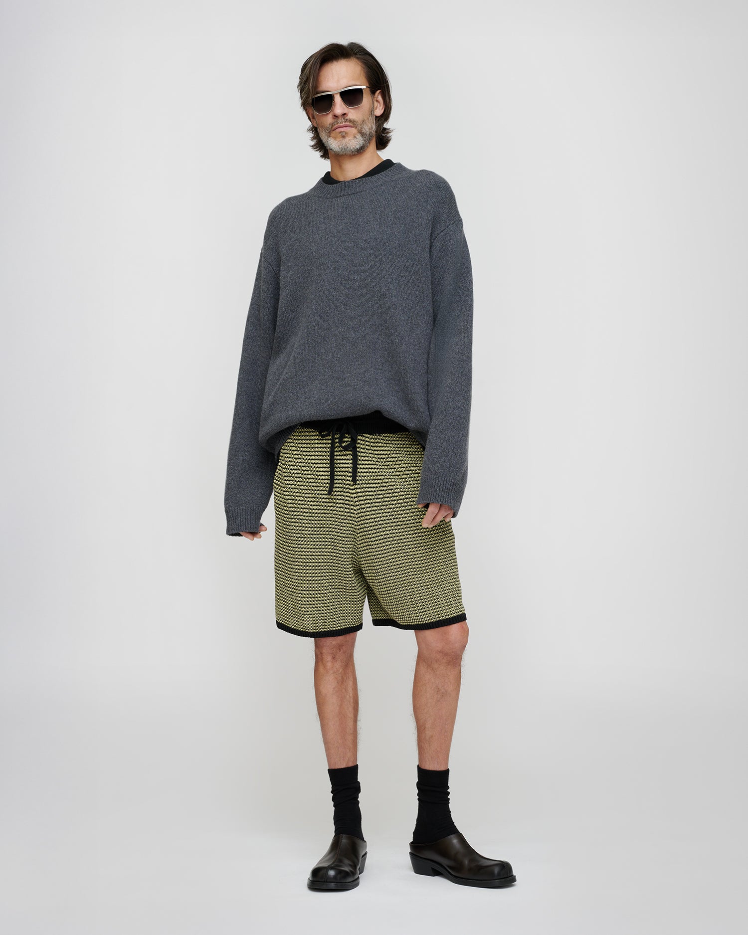 Short rayé en coton et lin avec cordon de serrage Crème Acide Noir Coupe Classique