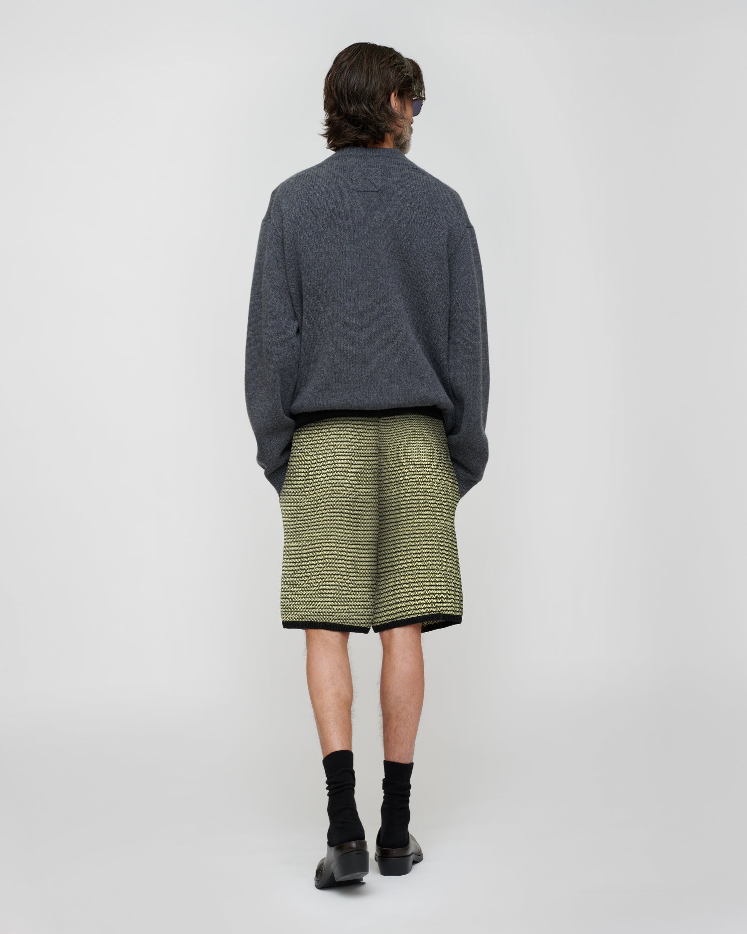 Short rayé en coton et lin avec cordon de serrage Crème Acide Noir Coupe Classique