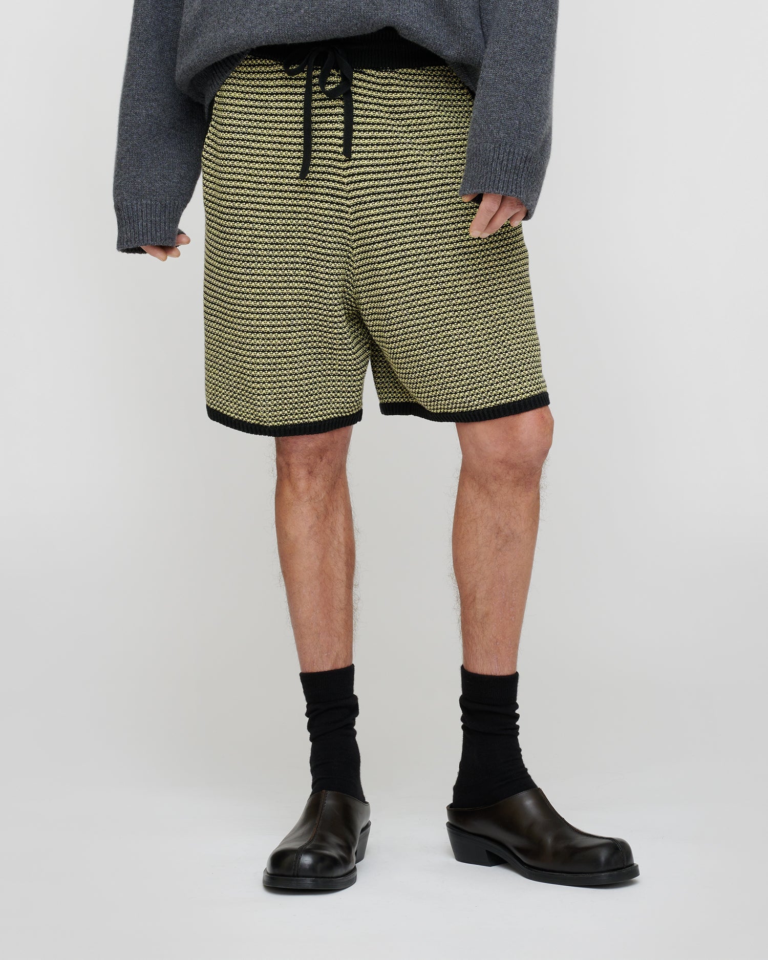 Short rayé en coton et lin avec cordon de serrage Crème Acide Noir Coupe Classique