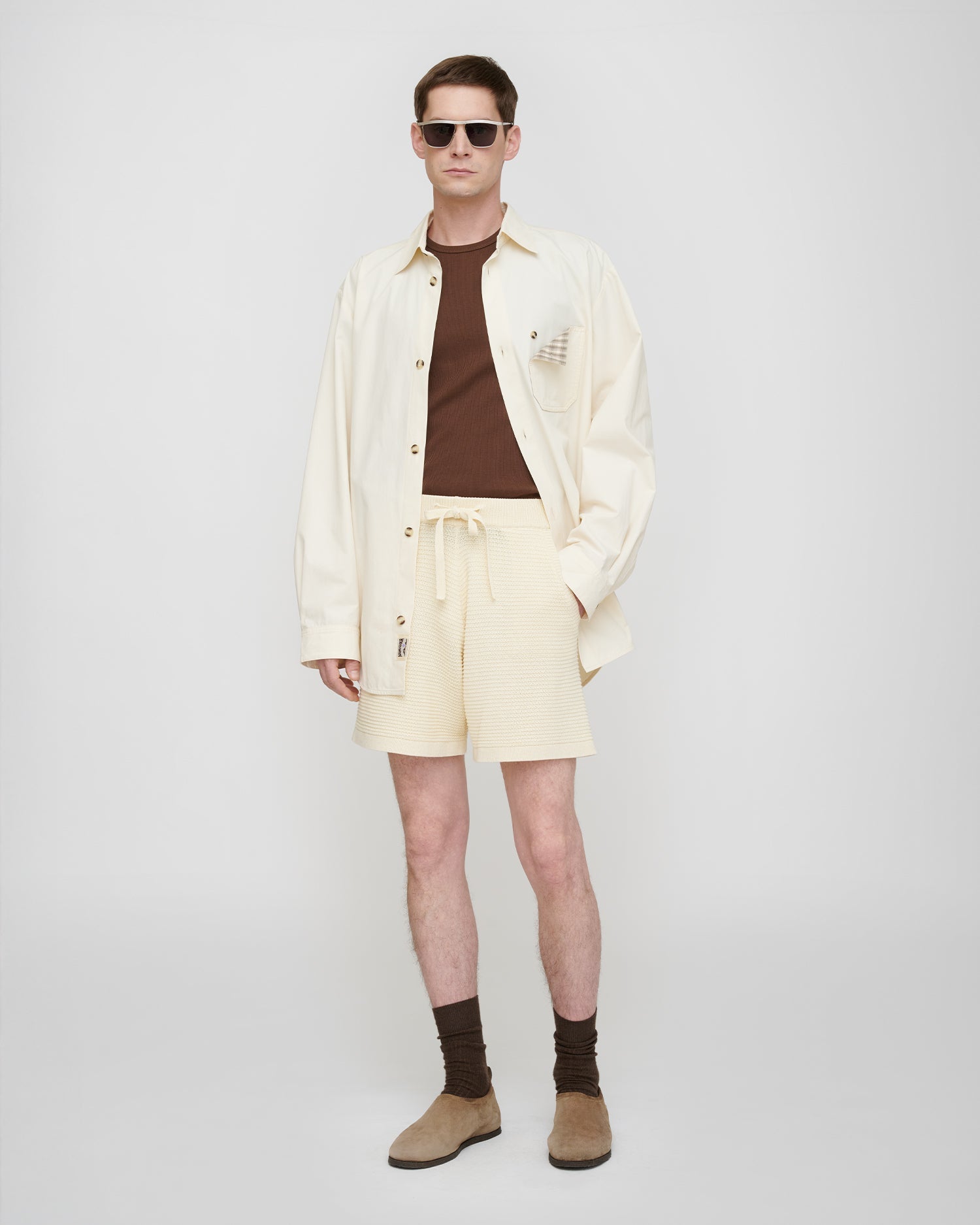 Short décontracté en tricot de dentelle au crochet couleur crème à cordon de serrage pour homme