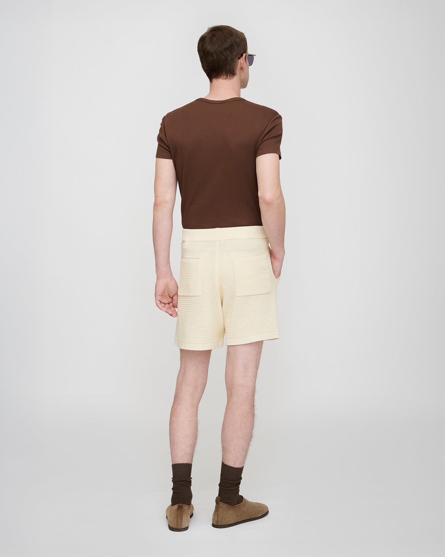 Short décontracté en tricot de dentelle au crochet couleur crème à cordon de serrage pour homme