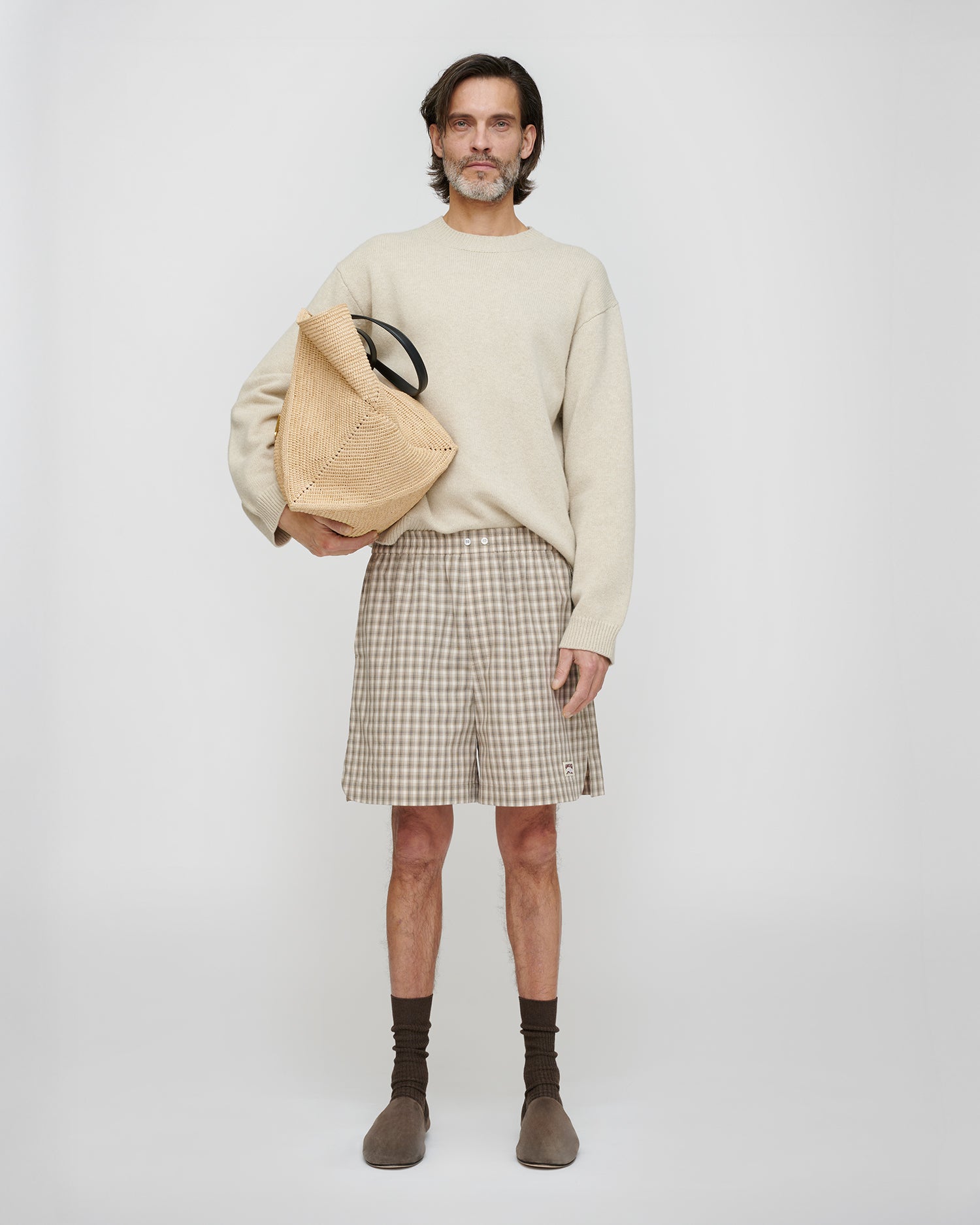 Short décontracté en tissu chemise à carreaux pour homme Crème Gris Coupe droite