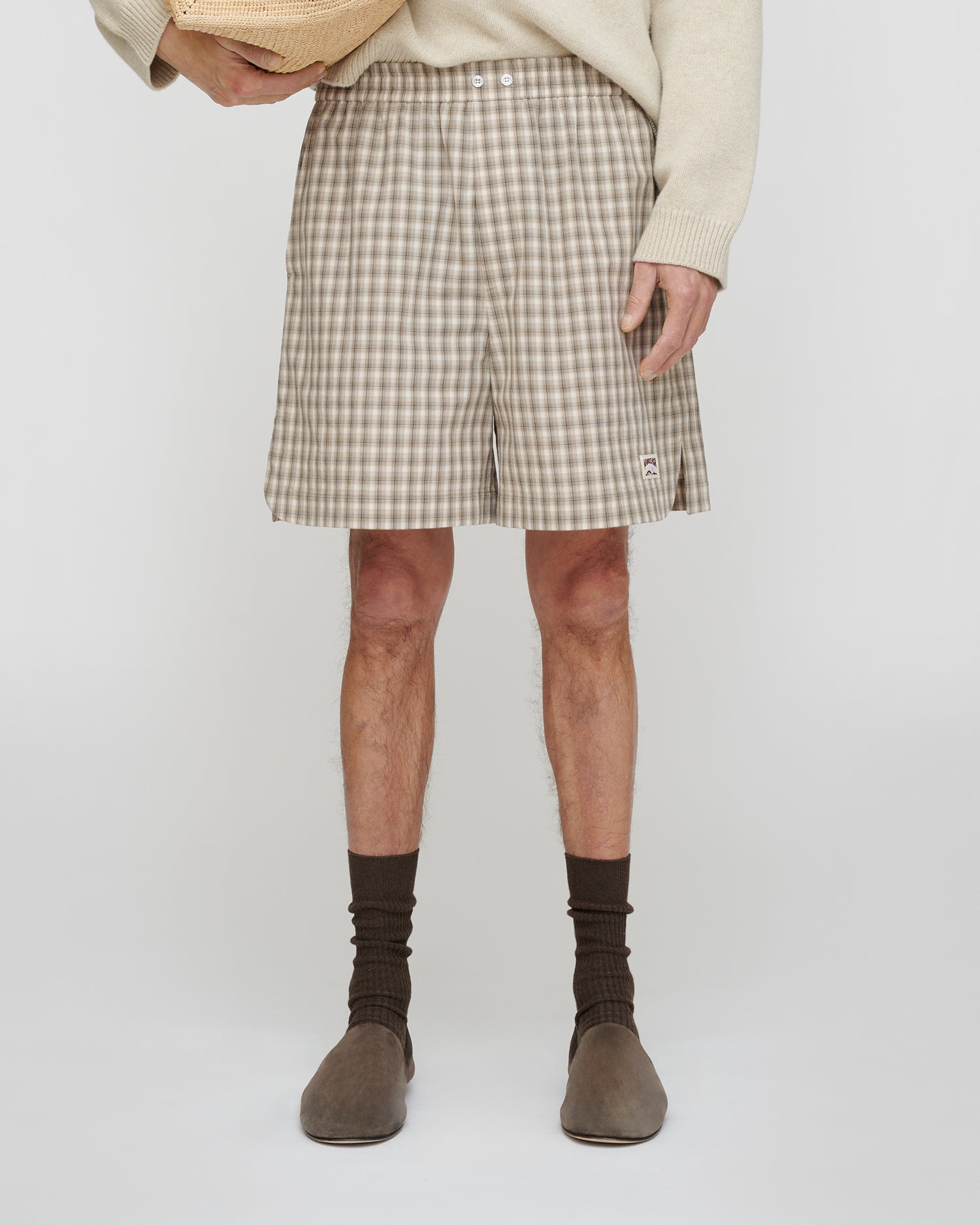 Short décontracté en tissu chemise à carreaux pour homme Crème Gris Coupe droite