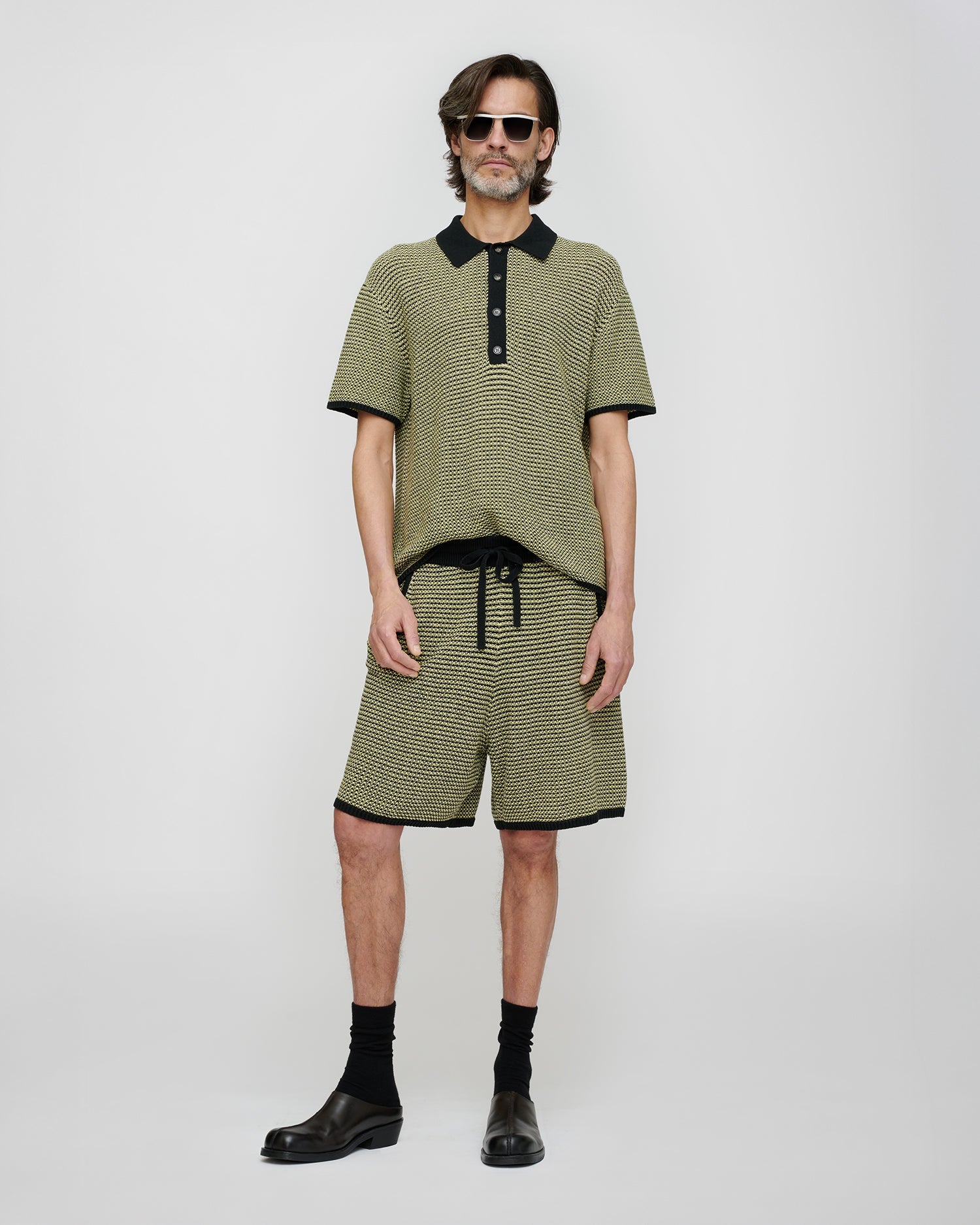 Polo surdimensionné en coton et lin rayé, crème délavé noir