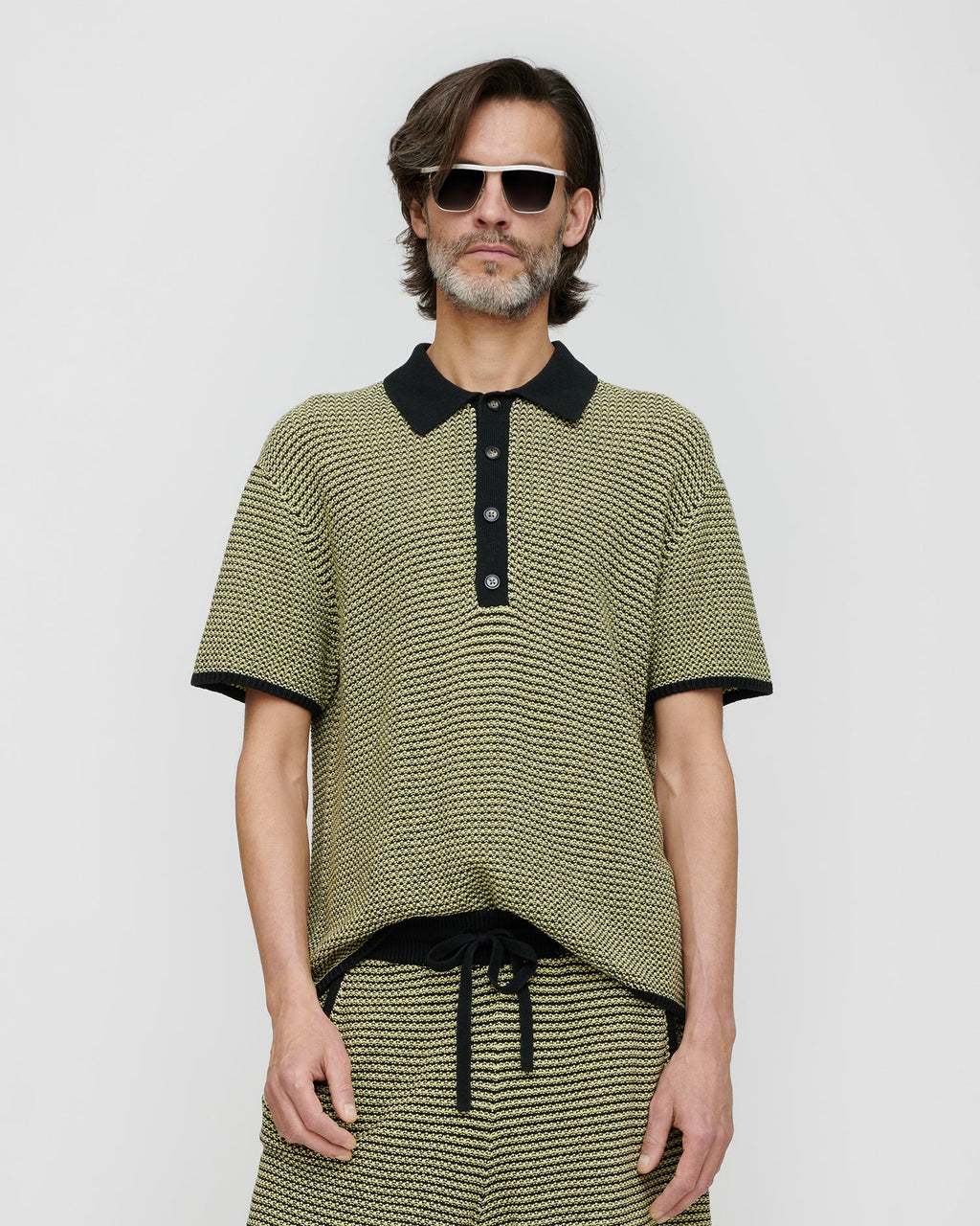Polo surdimensionné en coton et lin rayé, crème délavé noir