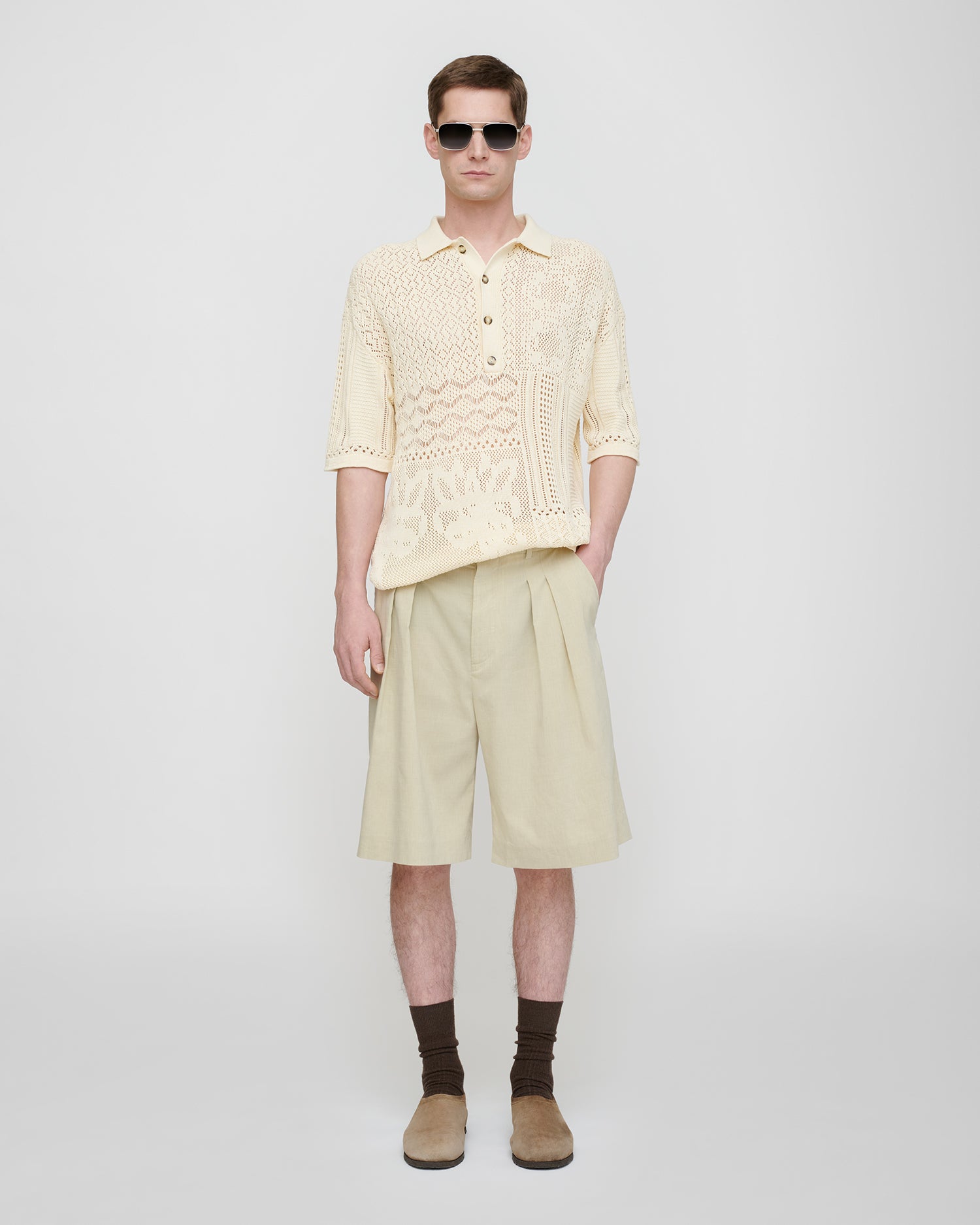 Polo en maille crochet pour homme, couleur crème, coupe droite