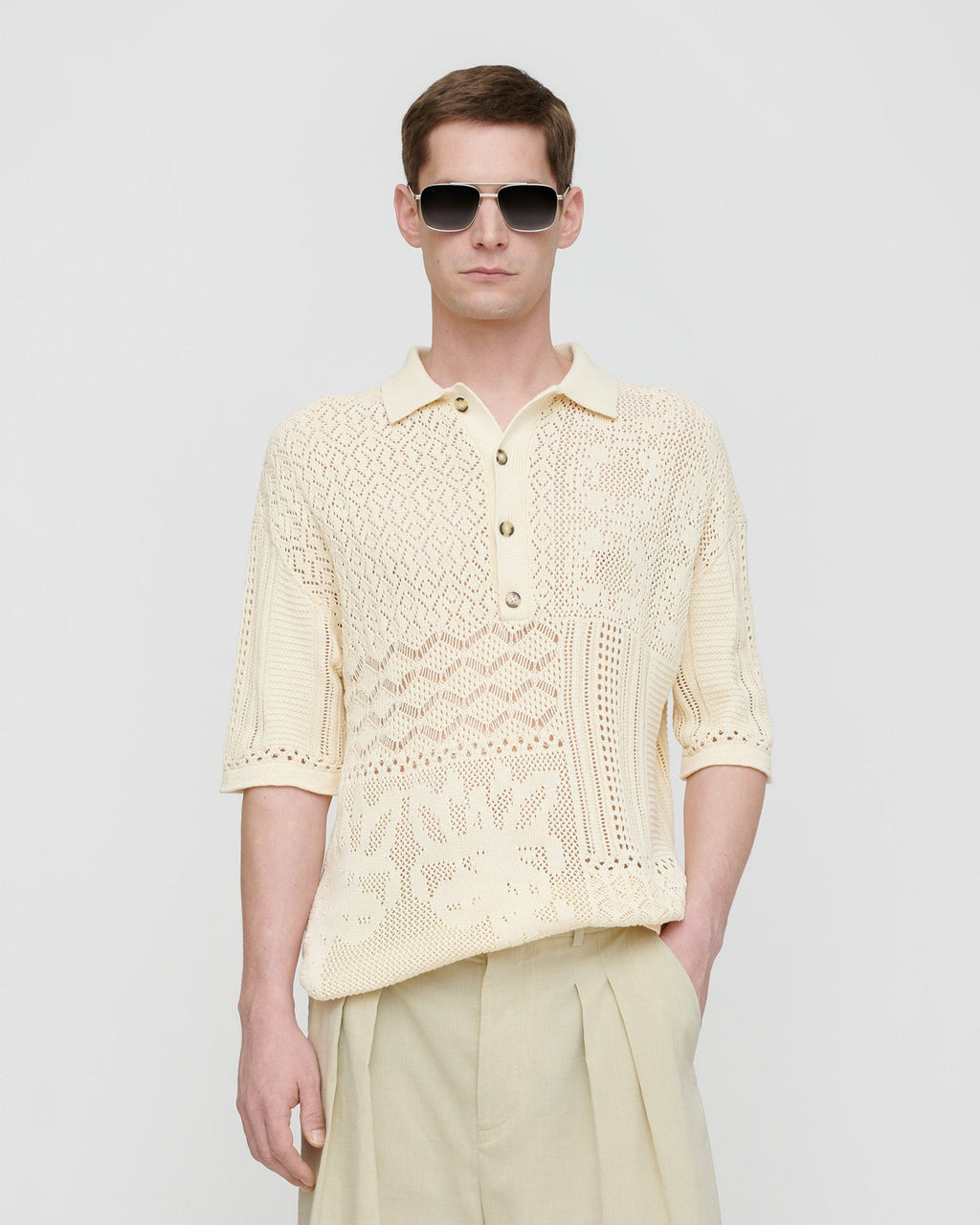 Polo en maille crochet pour homme, couleur crème, coupe droite