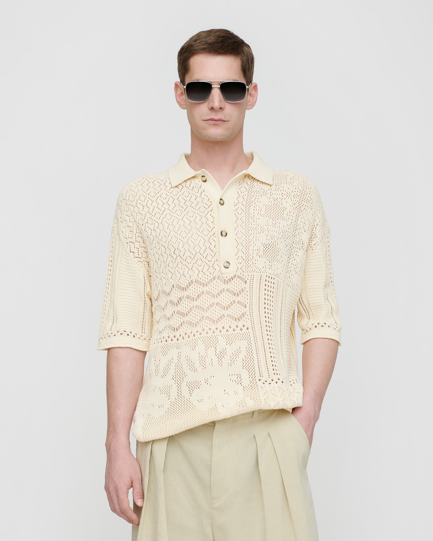 Polo en maille crochet pour homme, couleur crème, coupe droite