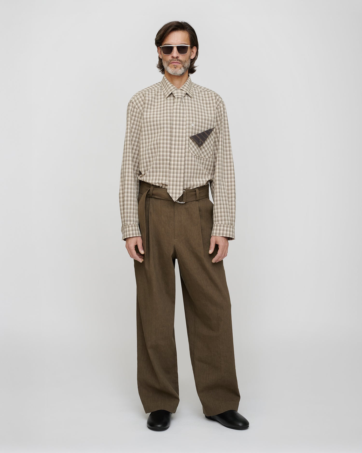 Chemise à carreaux homme Manches longues Crème gris Coupe classique