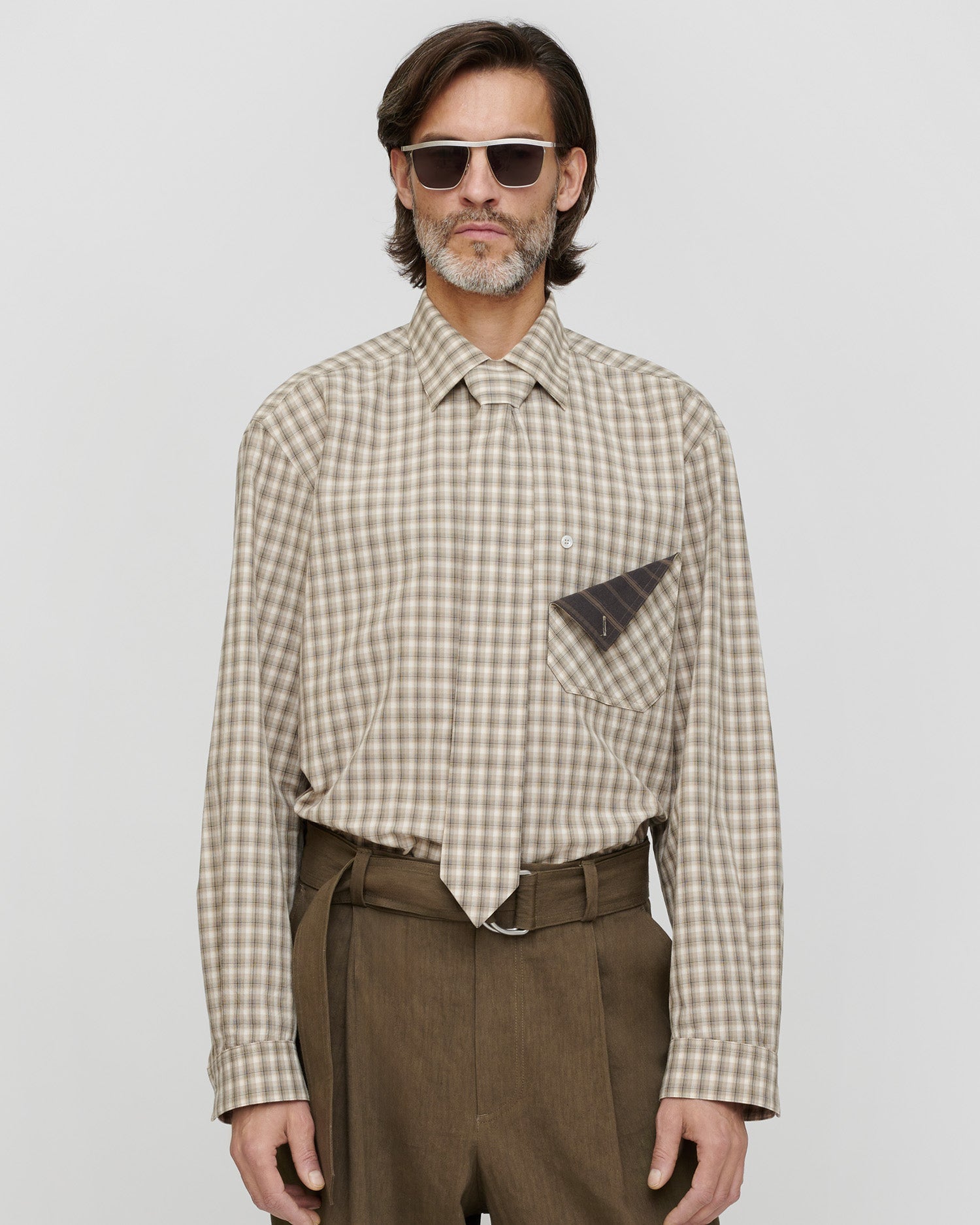 Chemise à carreaux homme Manches longues Crème gris Coupe classique