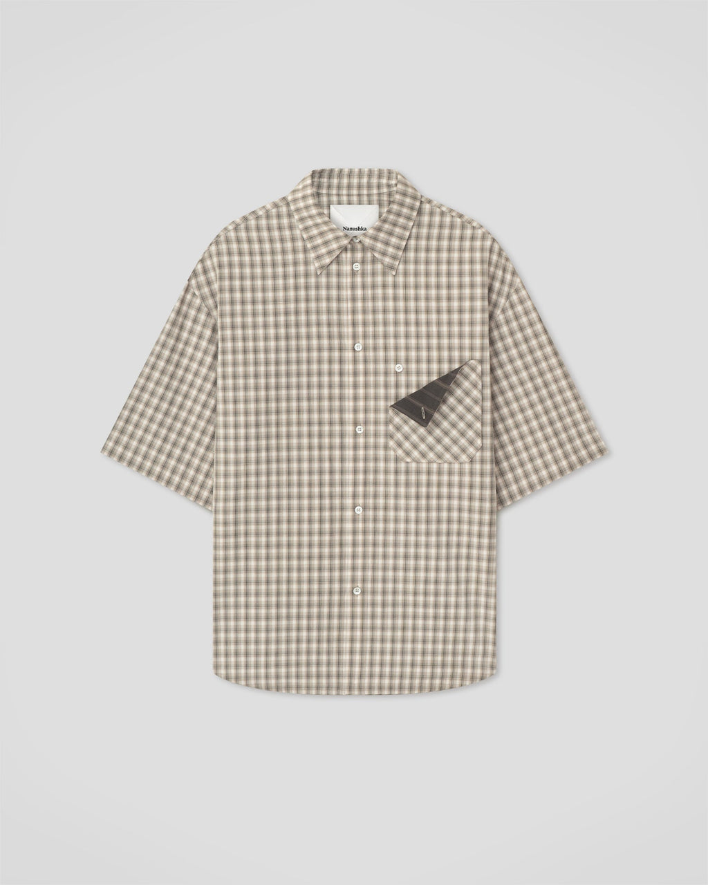Chemise homme à manches courtes tissée à carreaux crème-gris coupe droite