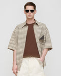 Chemise homme à manches courtes tissée à carreaux crème-gris coupe droite