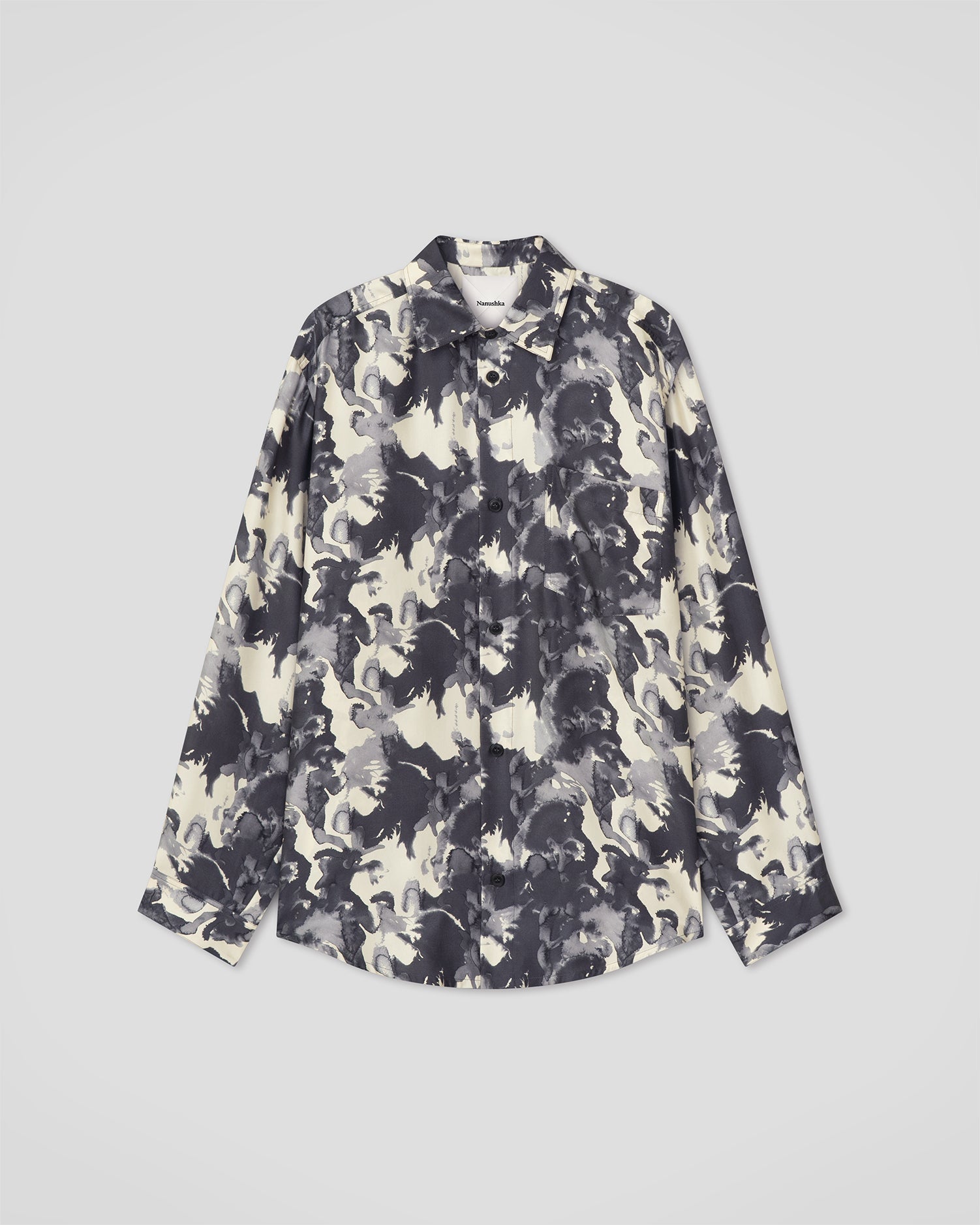 Chemise en Soie Sergée Imprimé Aquarelle Abstraite Coupe Droite Manches Longues Multicolore