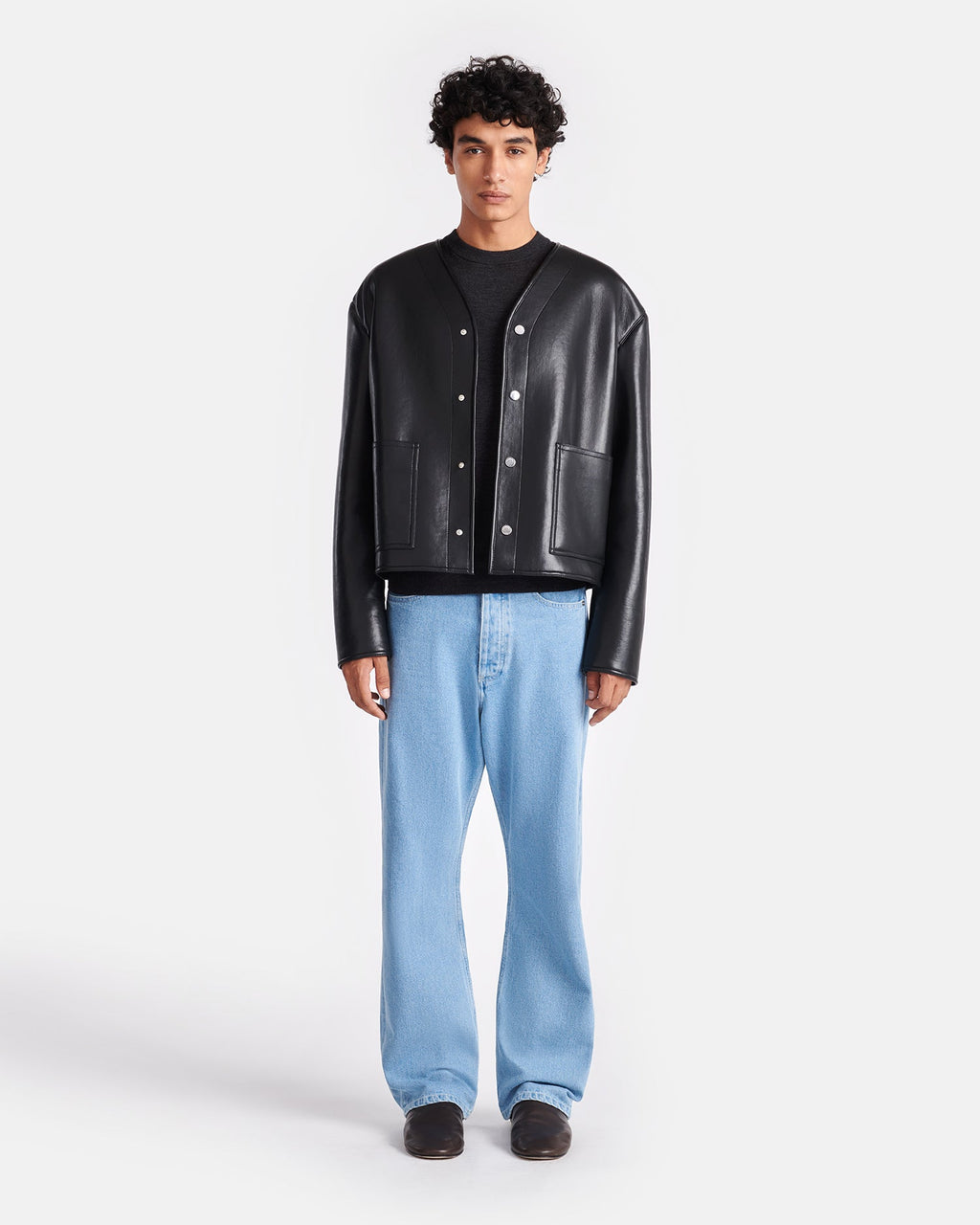 Veste droite sans col en cuir recyclé avec bordure en peau lainée Noir Marron