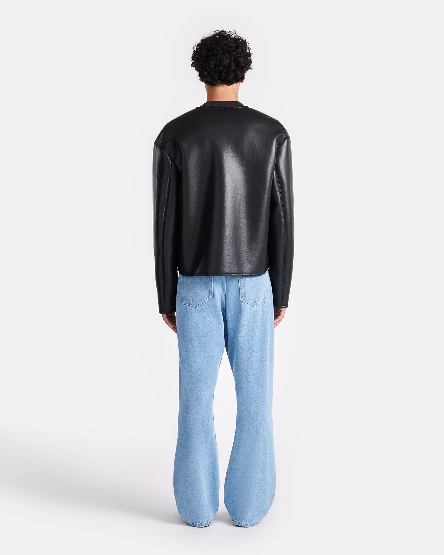 Veste droite sans col en cuir recyclé avec bordure en peau lainée Noir Marron