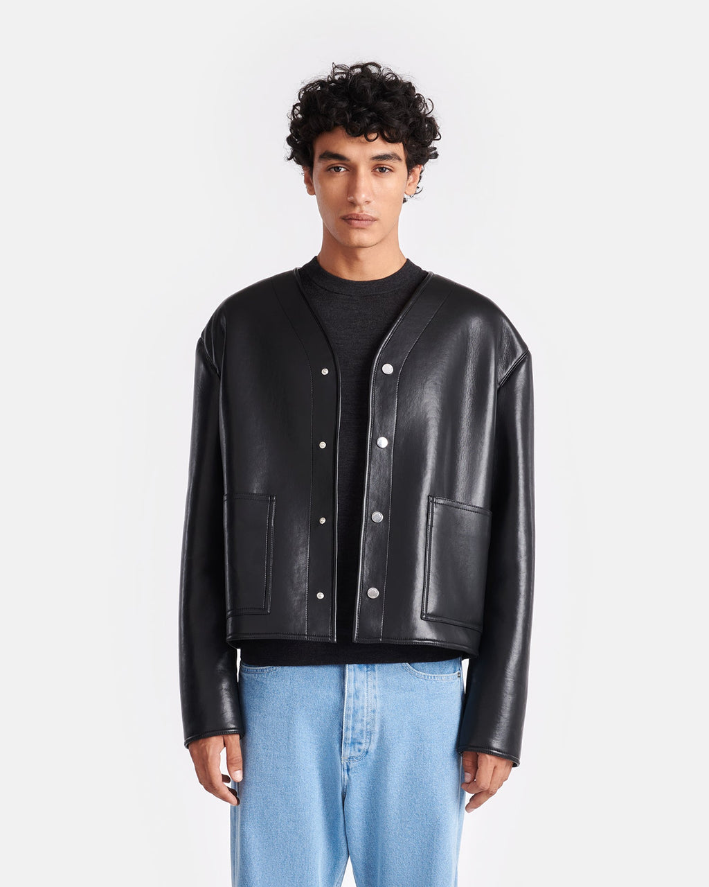 Veste droite sans col en cuir recyclé avec bordure en peau lainée Noir Marron