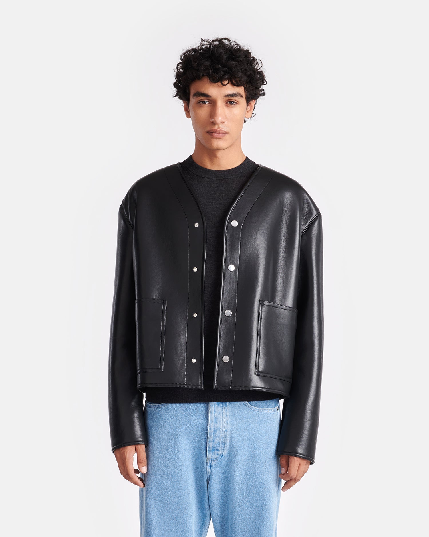 Veste droite sans col en cuir recyclé avec bordure en peau lainée Noir Marron
